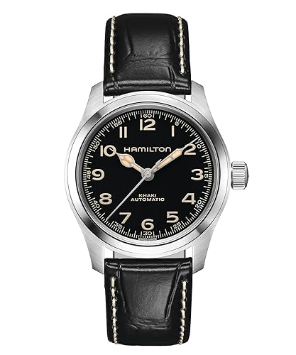 Hamilton Khaki Field Murph Automatic Men's Watch, 38mm Stainless Steel Case, Swiss Made, Black Dial Analog Wrist Watch for Men, 100m Waterproof, Sapphire Crystal, 3-Hand Movement, Cow Leather Strap