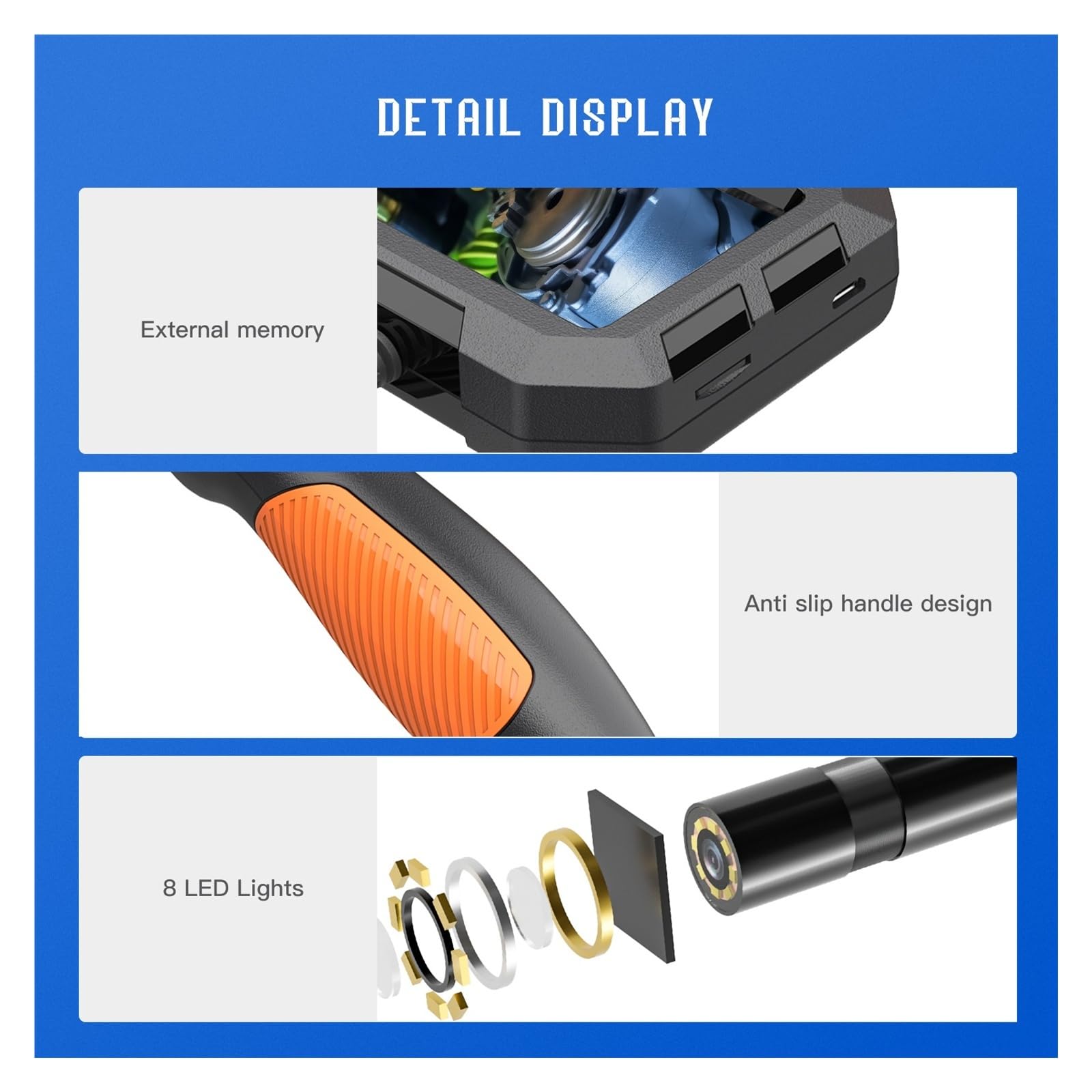 Boroscopio, Cámara endoscópica portátil de 5M 1080P IP67 boroscopio Impermeable Cable rígido inspección alcantarillado tuberías