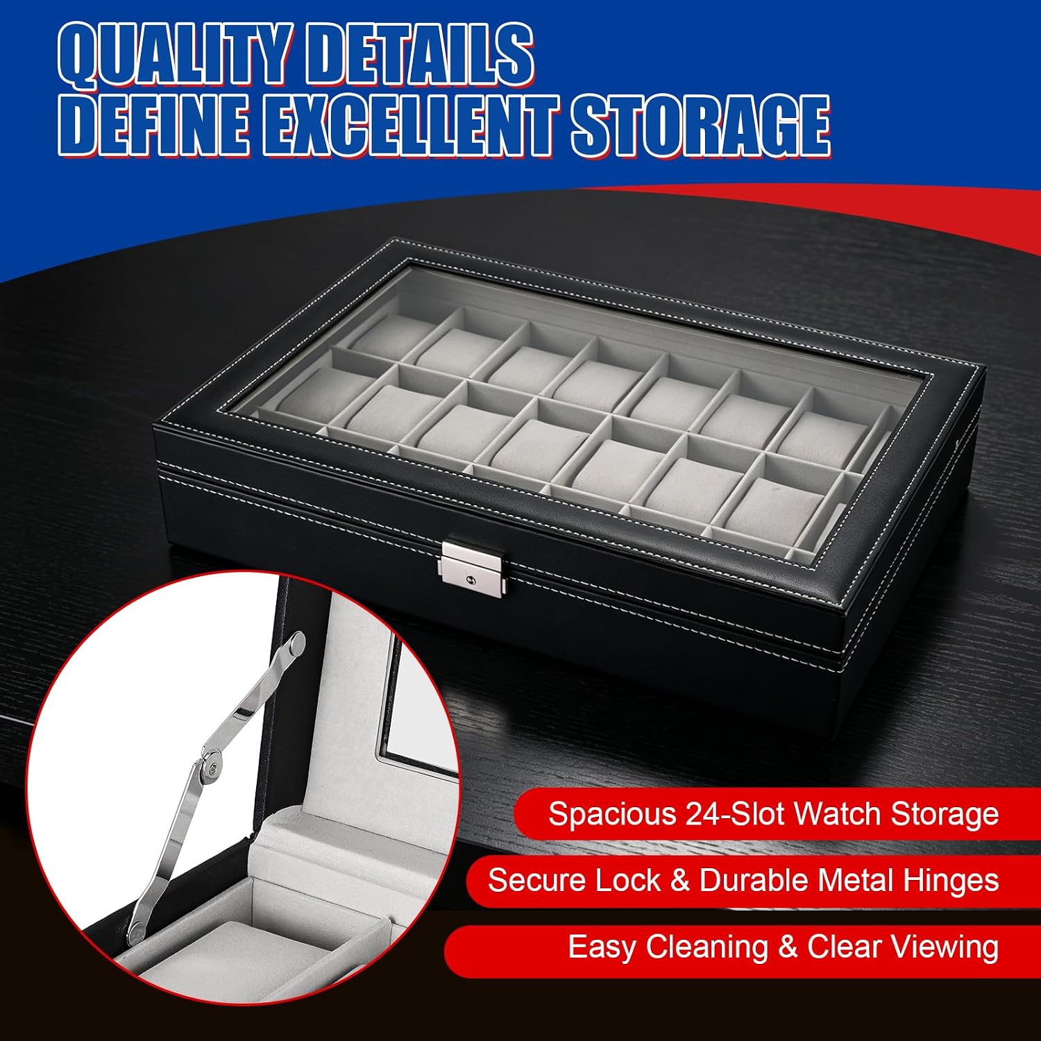 NYXOVA 24 Slots Lockable Watch Box, PU Leather Watch Display Case, Watch Storage Organizer with Removable Pillows for Men and Women, Jewelry Organizer for Watches, Travel and Home Use (Grey)