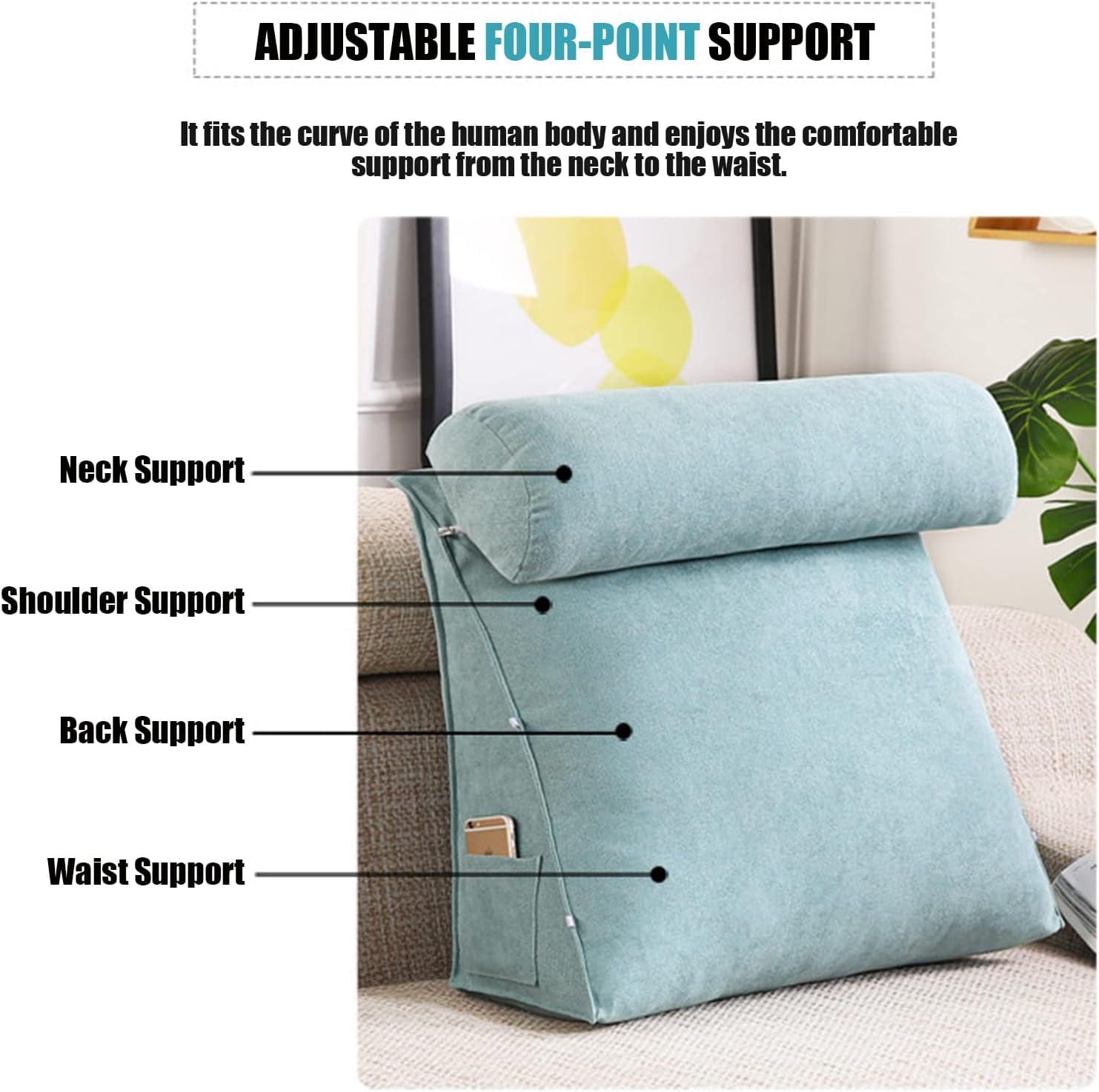 Triangular Bed Wedge Pillow, headboard Back Support Cushion, Back, Neck and Leg Reading Pillow, Back Support Reading Pillow with Removable and Washable Cover (Color : Blue, Size : 60x50x20 cm)
