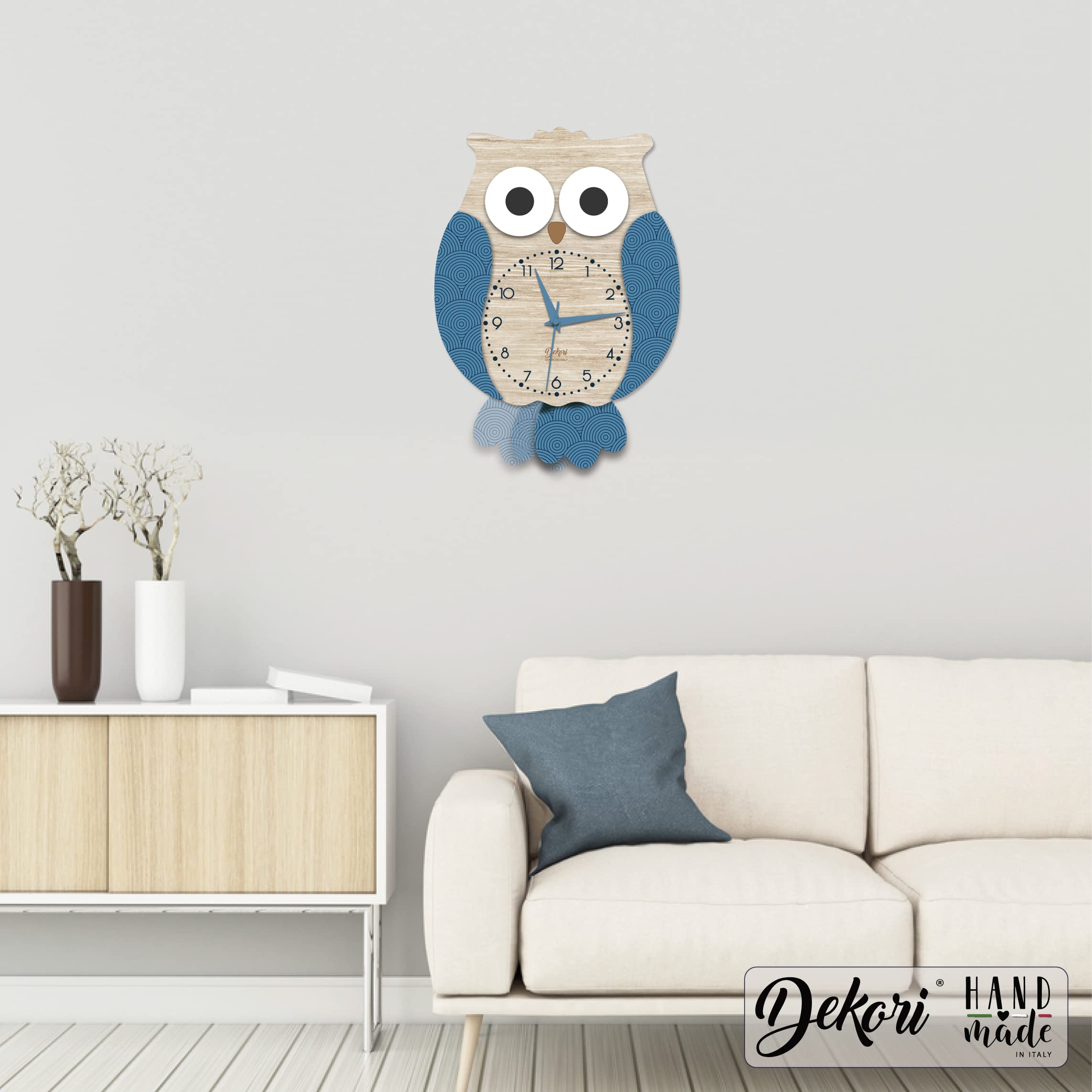 DEKORI Reloj de búho con péndulo. Mecanismo ultra silencioso. Decora y alegra cualquier habitación de la casa, cocina salón habitación infantil. Fabricado en Italia.