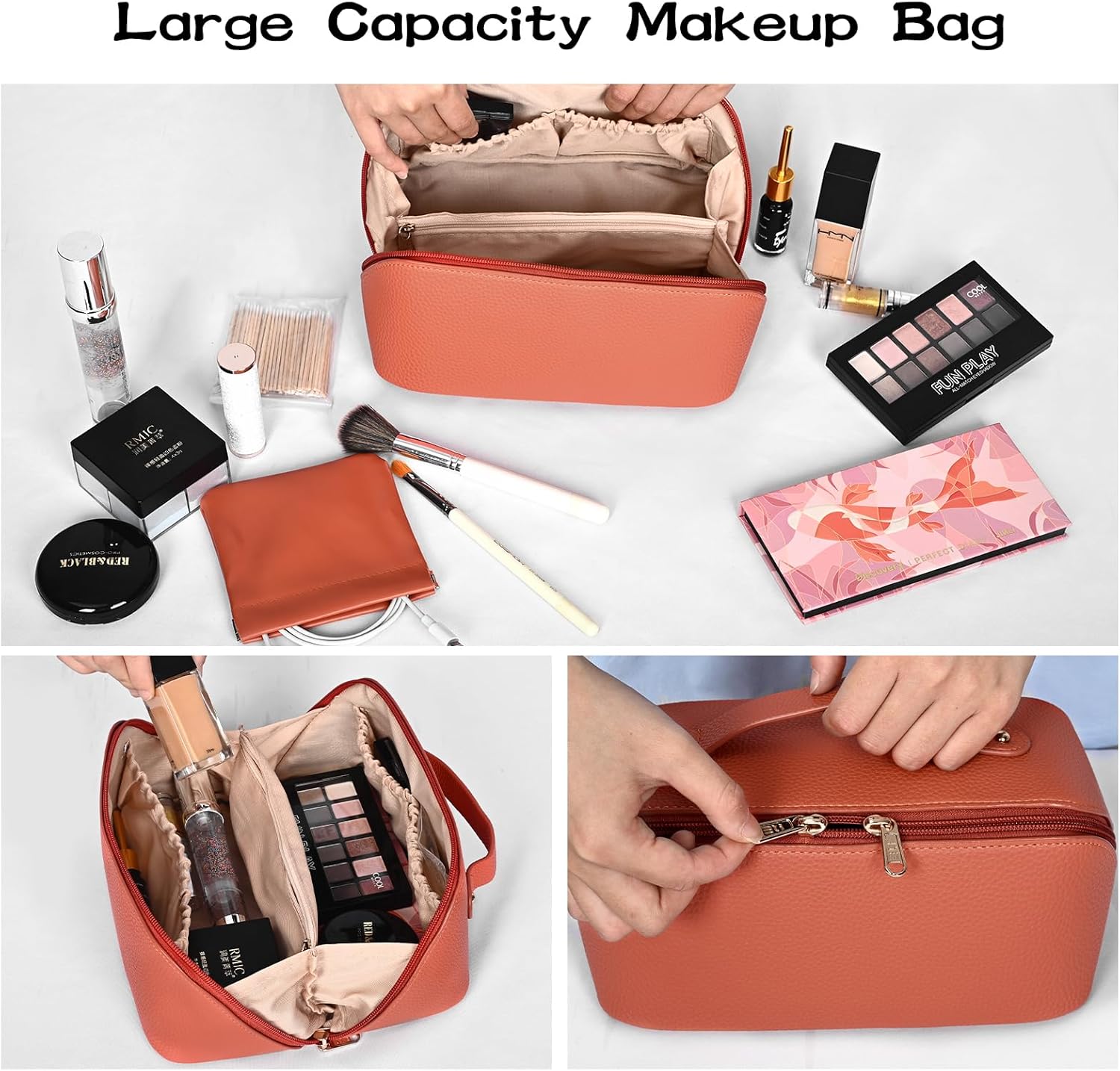 Travel Makeup Bag,Cosmetic Bag,PU Leather Makeup Bag,Portable Makeup Bag,Makeup Storage Bag,Toiletry Bag,Skincare Bag,Large Opening Cosmetic Organizer for Women Girls (Orange)