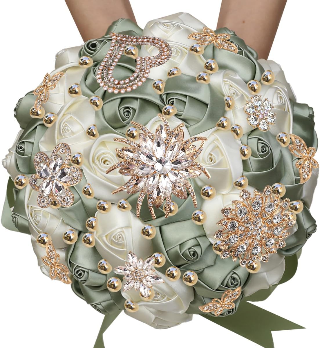 XINNI Handmade Bridal Wedding Bouquet Bride Bridesmaid Satin Rose Flower Bouquet with Rhinestone and Ribbon Wedding Decoration Sage Green+Beige 18cm