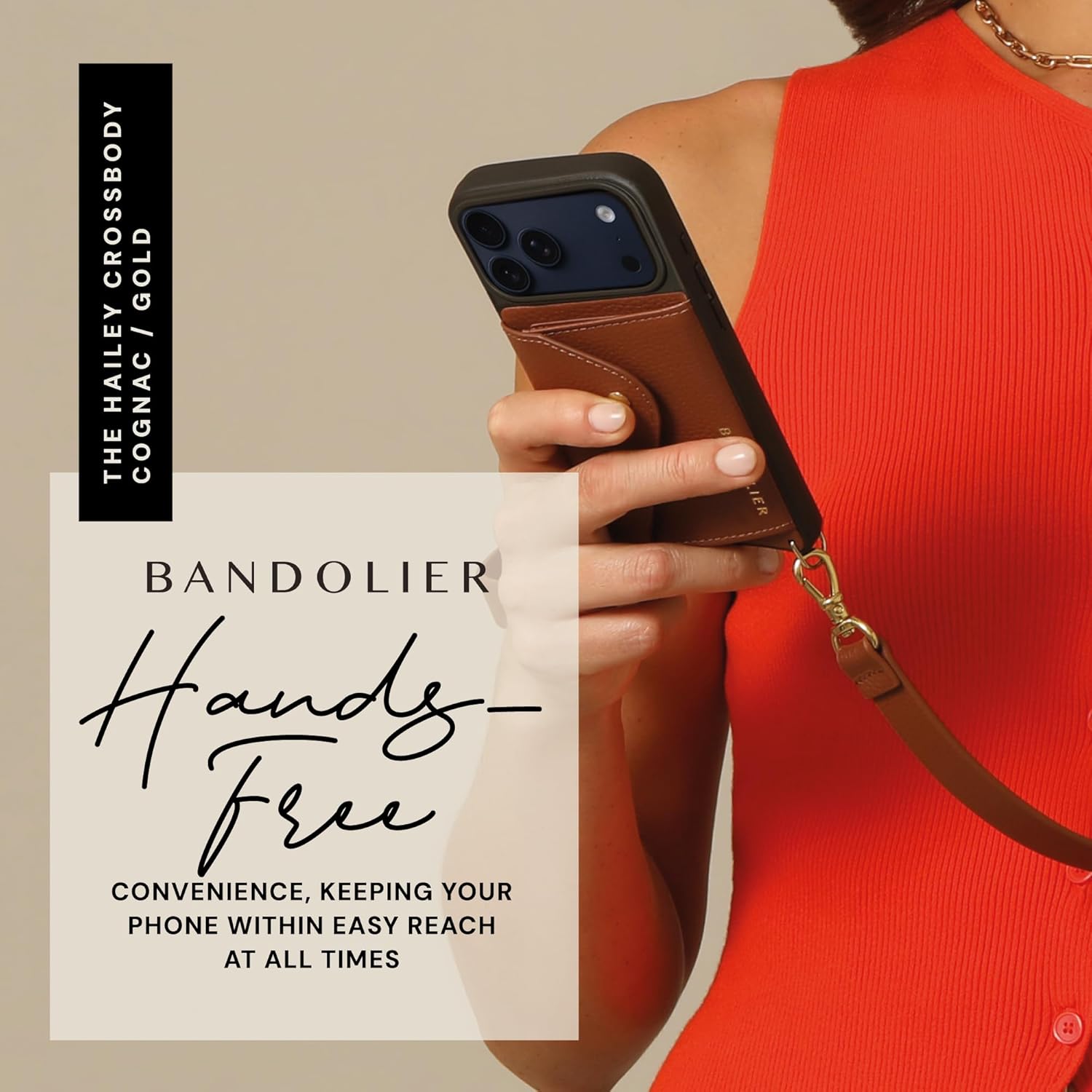 Bandolier Hailey Crossbody Wallet Phone Case for iPhone 17 Pro Max. 100% Genuine Pebble Leather with Gold Hardware. Adjustable & Removable Strap. Expandable Flip Card Holder. Cognac with Gold Hardware - Image 7