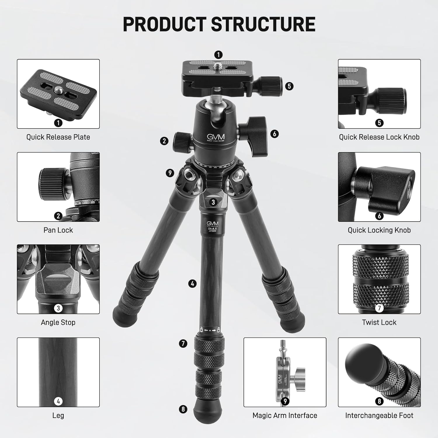 GVM Carbon Fiber Camera Tripod, Tripod for Camera and Phone, Heavy Duty Camera Tripod Stand with 360° Panorama Ball Head Quick Release Plate & Mobile Phone Clip for Max Load 15 LB