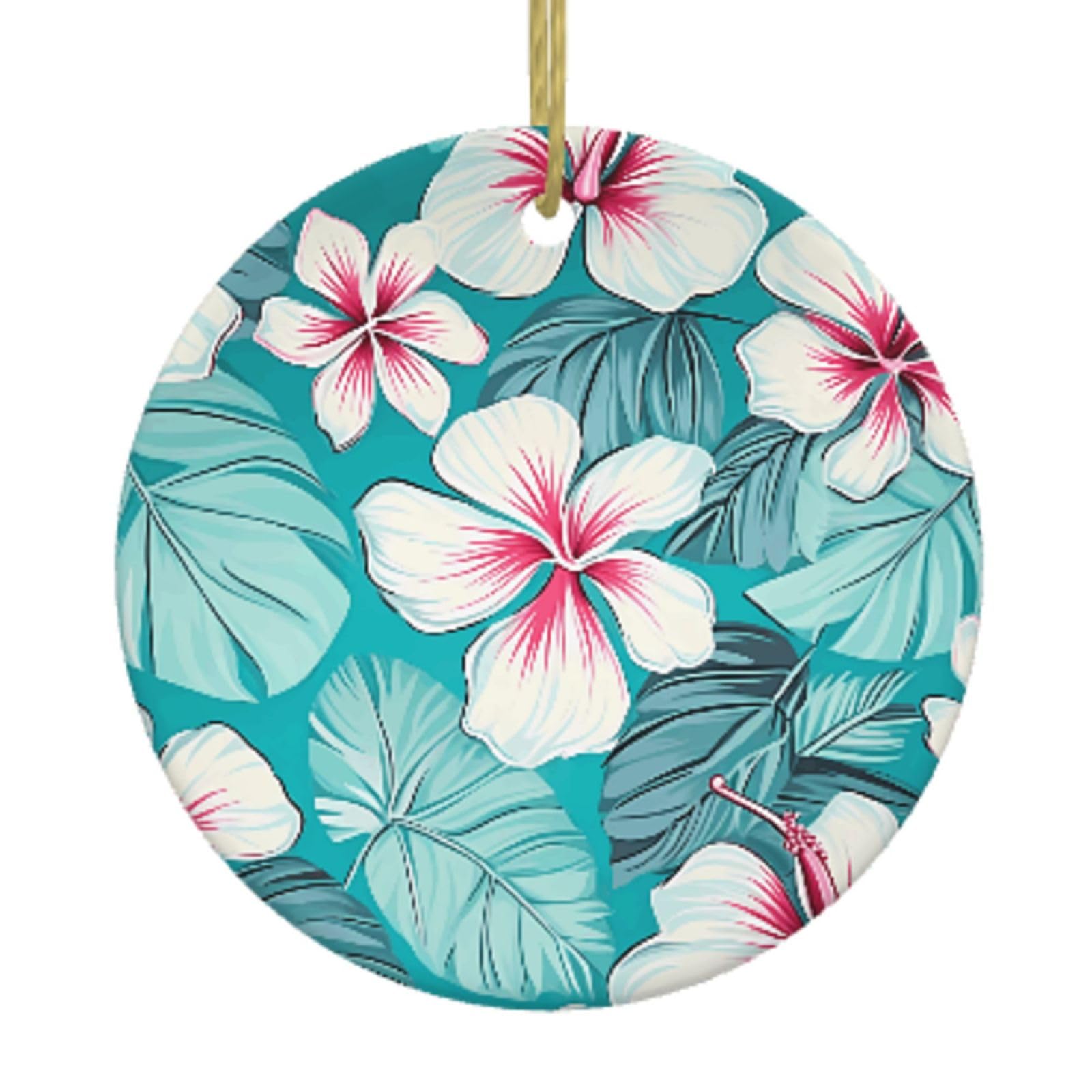 Ceramic Christmas Tree Hanging Ornaments with Gold Ropes Christmas Tree Decorations Round Ceramic Tropical Hibiscus Flowers Pendant Keepsake Decorations for Holiday Xmas Gift Ideas