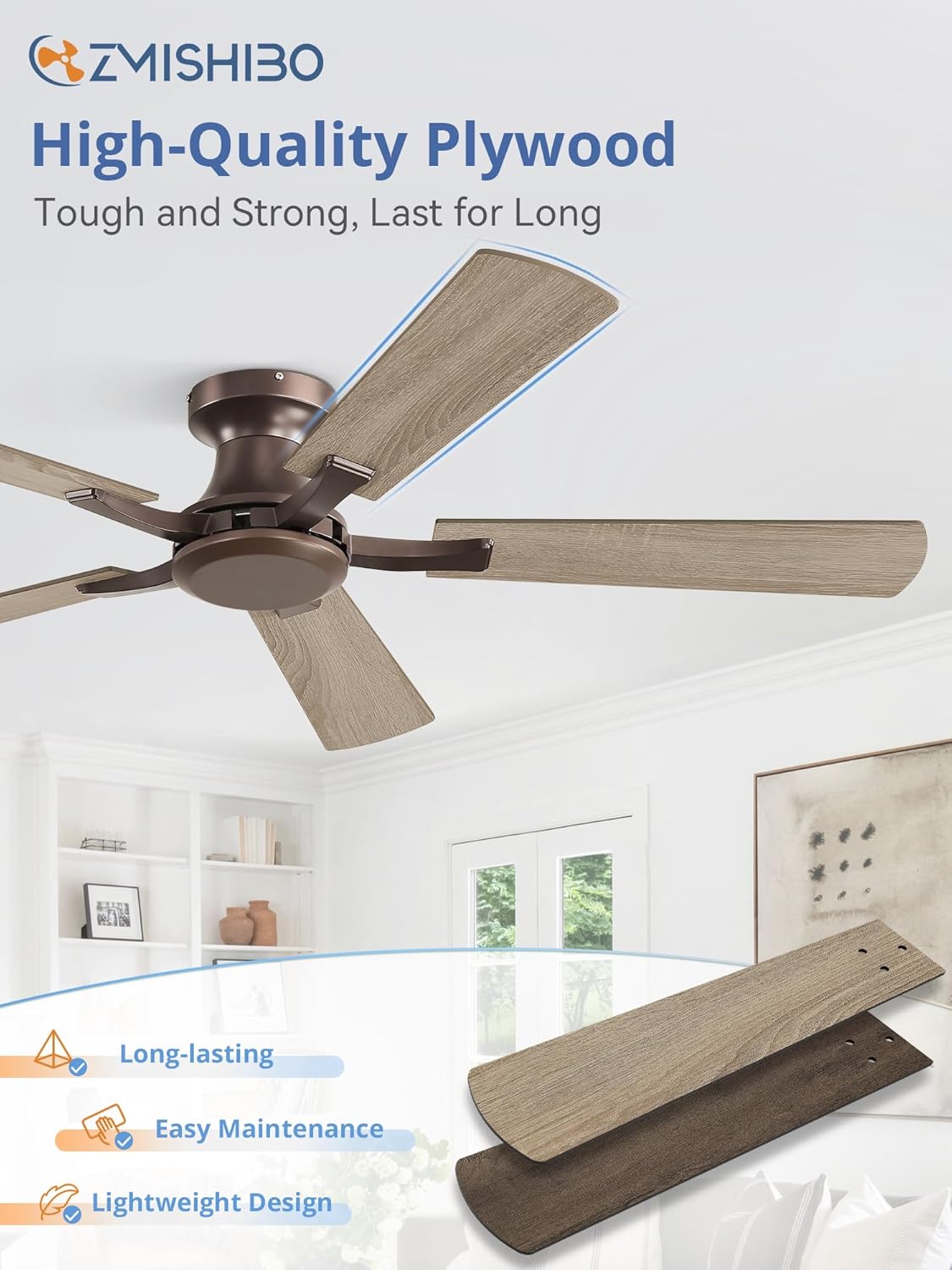 ZMISHIBO 52 Inch Ceiling Fan No Light, Flush Mount Low Profile, Farmhouse Brown Ceiling Fan Without Light, Remote Control & Quiet DC Motor, for Indoor&Outdoor, Bedroom, Living Room - Image 6