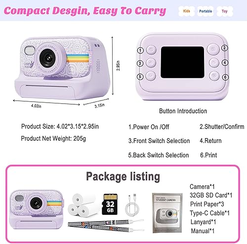 Miniatura 5 de Cámara de impresión instantánea para niños, regalos de cumpleaños de Navidad para niñas y niños de 4 a 12 años, cámara de video digital 1080P para