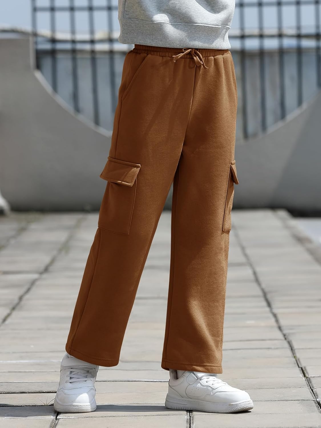 Haloumoning Boys Fleece Cargo Sweatpants Kids Athletic Wide Leg Joggers with Open Bottom and Drawstring & Pockets - Image 3