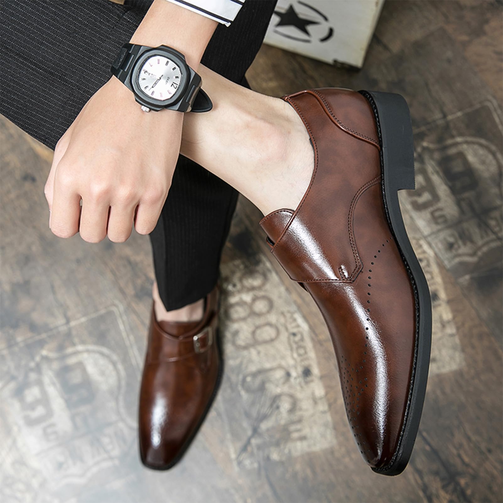 ANUFER Hombre Monje Soltero Zapatos Inteligente Estilo Británico Cuero de Microfibra Vestido Brogues