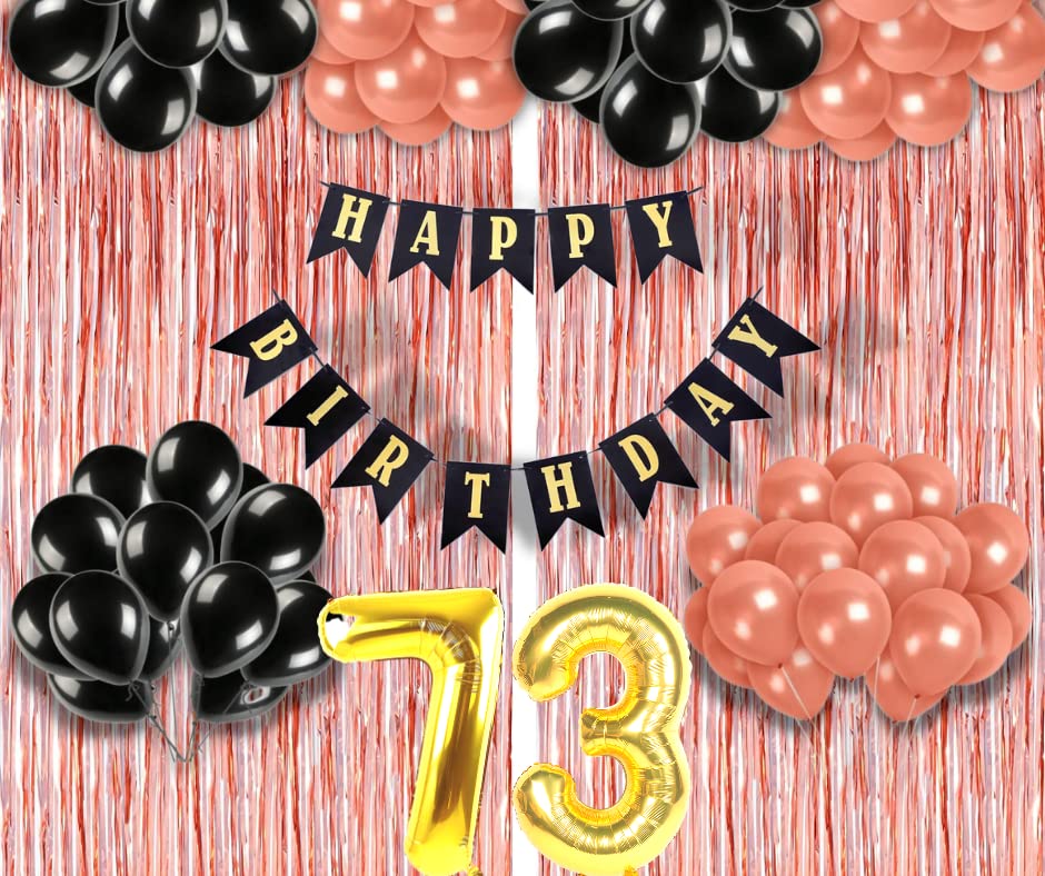 Image of 73rd Birthday Decoration items for Girls with Black and Rose Gold Balloons, Black Happy Birthday Banner, Rose Gold Foil Curtain, Foil Balloon number 73