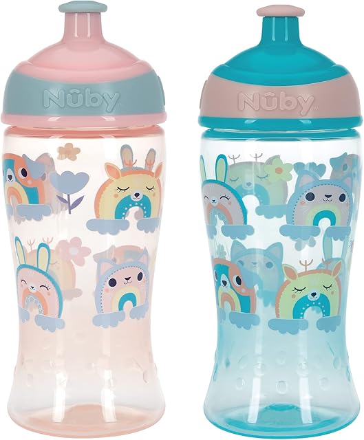 Nuby Super Slurp Water Bottle - No Spill Active Toddler Sippy Cup | 360ml / 12oz |Easy Grip | Dishwasher Safe | Suitable Beaker for 18 Months Plus (Rainbows, Pack of 2), 048526890460