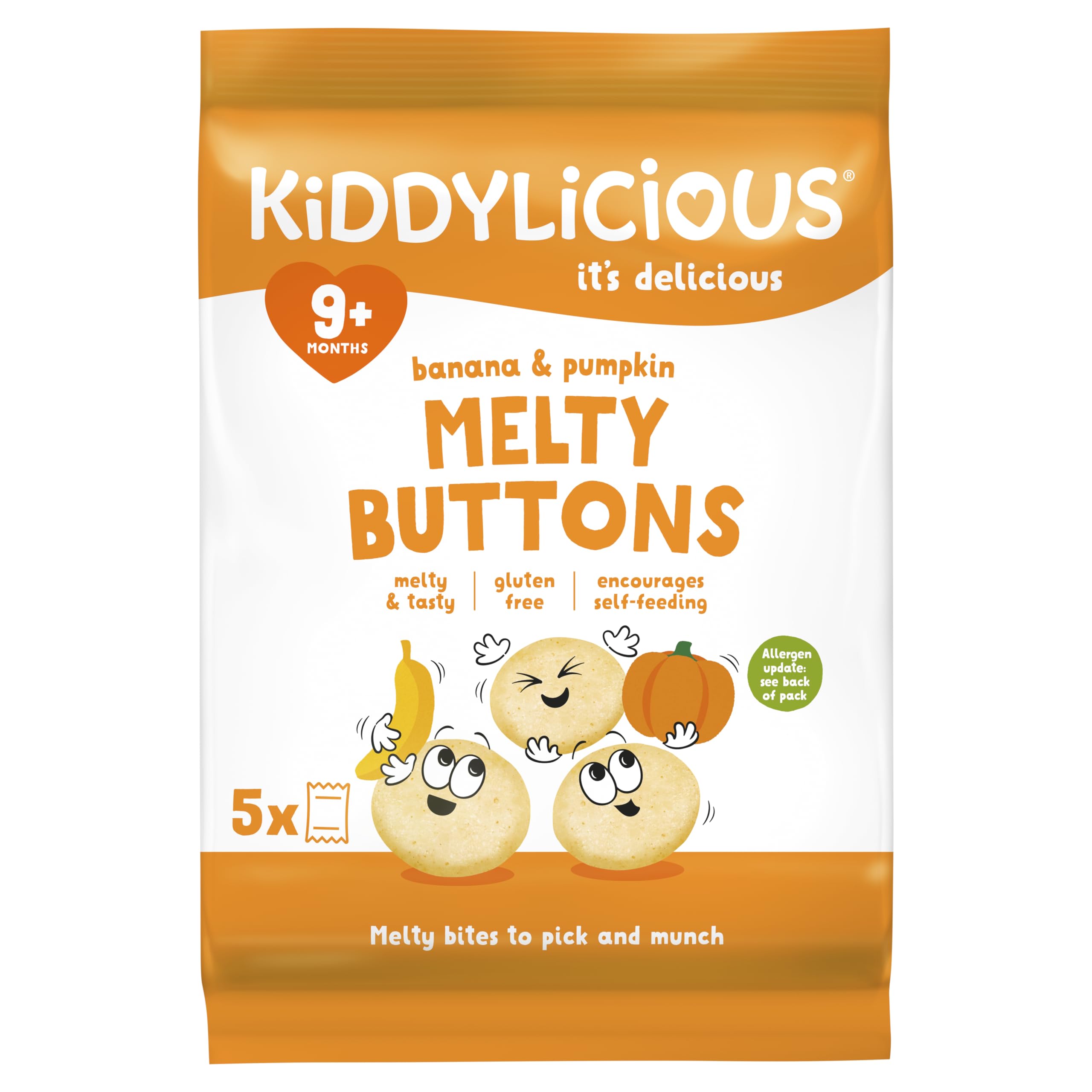 Kiddylicious Banana & Pumpkin Melty Buttons Delicious Snacks for Kids Suitable for 9+ Months - Pack of 5 (5x6 gms)