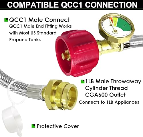 Miniatura 3 de MEFUN Manguera adaptadora de propano trenzada de acero inoxidable de 12 pies con calibre, adaptador de manguera de tanque de propano convertidor de
