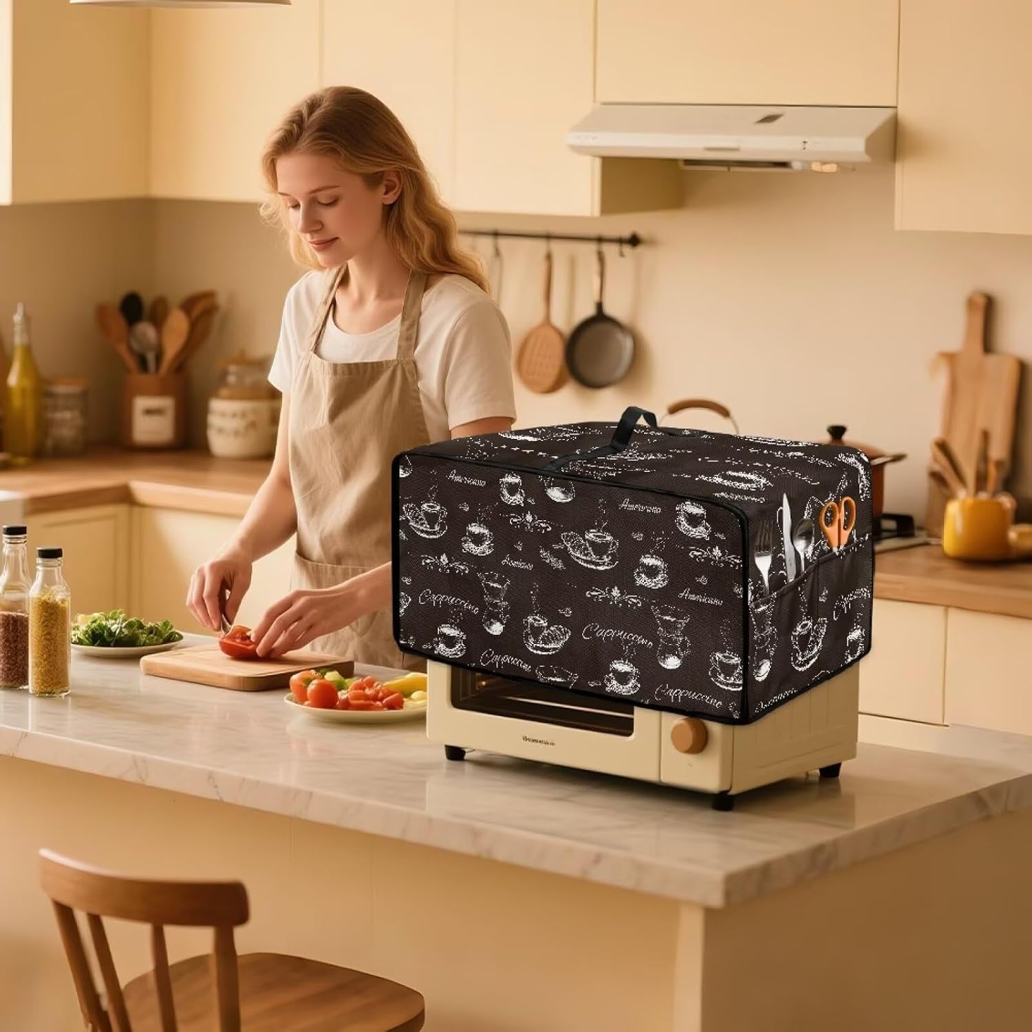 Coffee Pattern Bread Machine Dust Cover with Multiple Pockets Anti Greasy Dustproof Bread Maker Dust Covers Fingerprint Protection Machine Washable