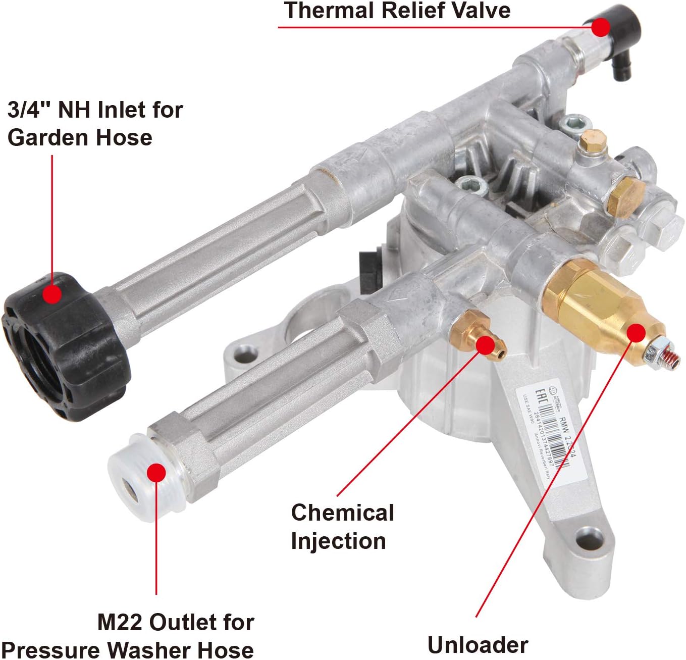 AR High Pressure Washer Pump 2400 PSI RMW22G24-EZ -SX, Vertical 7/8" Shaft Power Washer Replacement Pump Head with Easy Start Valve by ANNOVI REVERBERI