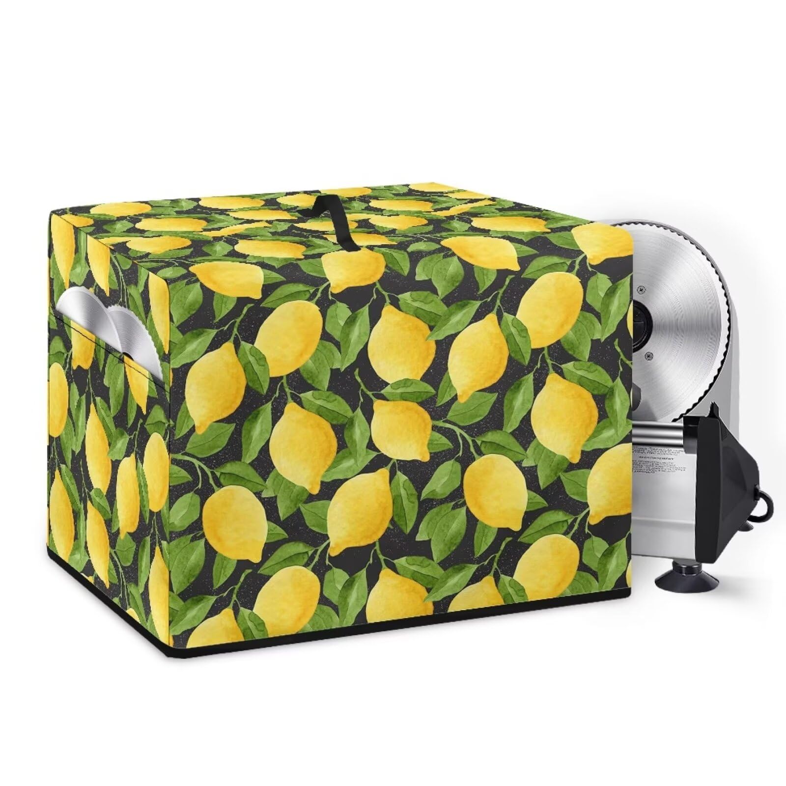 NETILGEN Meat Slicer Machine Cover Food Slicer Cover Sturdy Dust Proof Waterproof Kitchen Appliance Dust Cover with Organizer Pocket for Other Accessories, Lemon Leaf Black