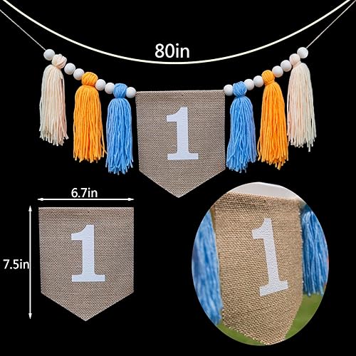 Miniatura 2 de Lintran Cartel de arpillera para el primer cumpleaños, guirnalda bohemia para silla alta, pancarta rectangular de yute blanco