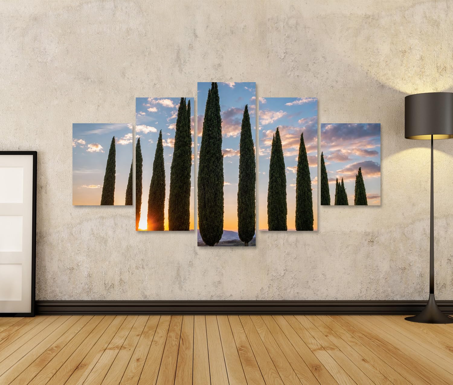 islandburner Quadro su tela, cipresso maestosi in rosso serale, da parete, per soggiorno, per gli amanti della natura, 5 pezzi