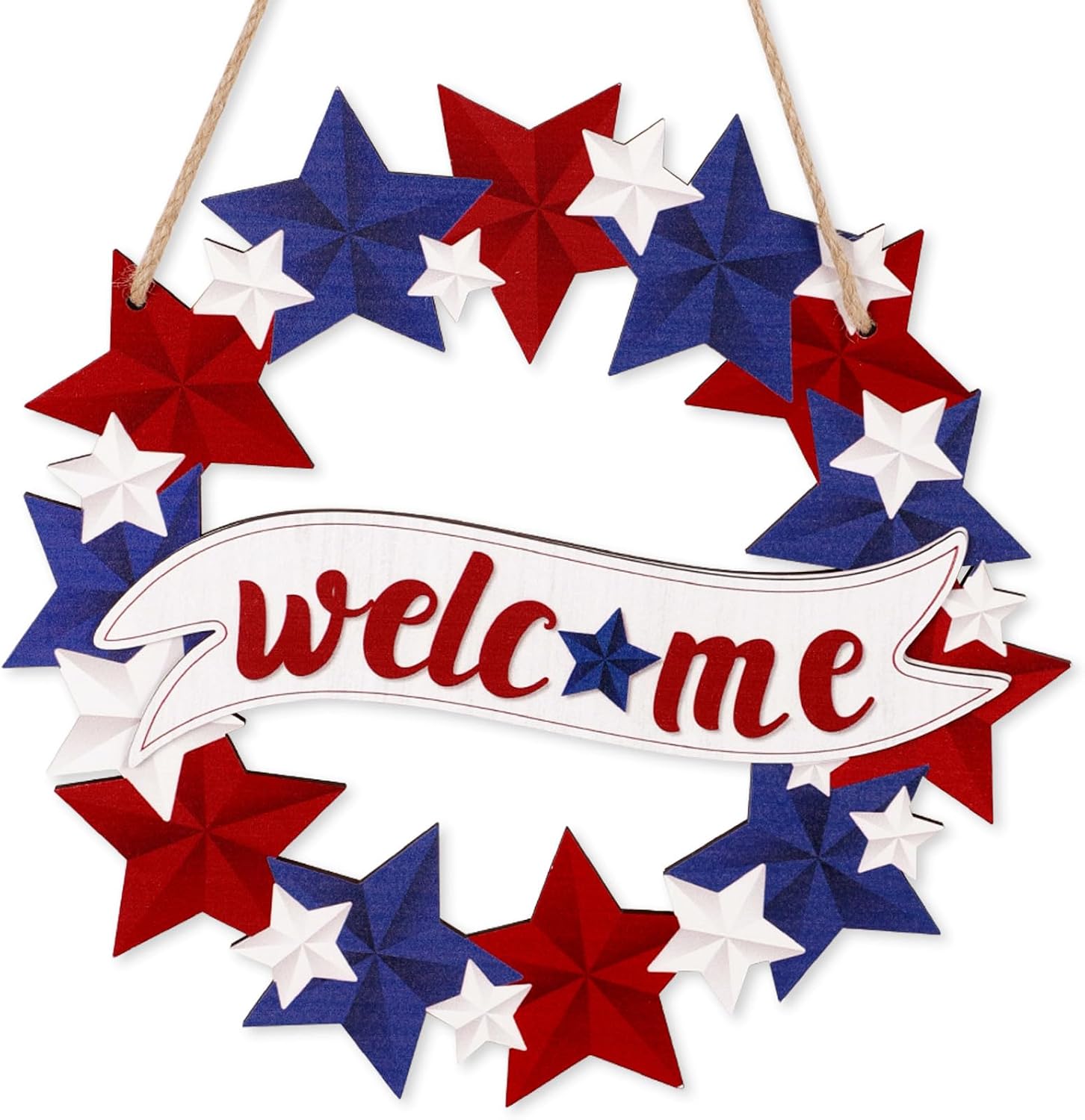 250th Anniversary Decorations: 4th of July Wooden Wreath for Front Door, Red White Blue Patriotic Memorial Day Independence Day Welcome Sign Decor