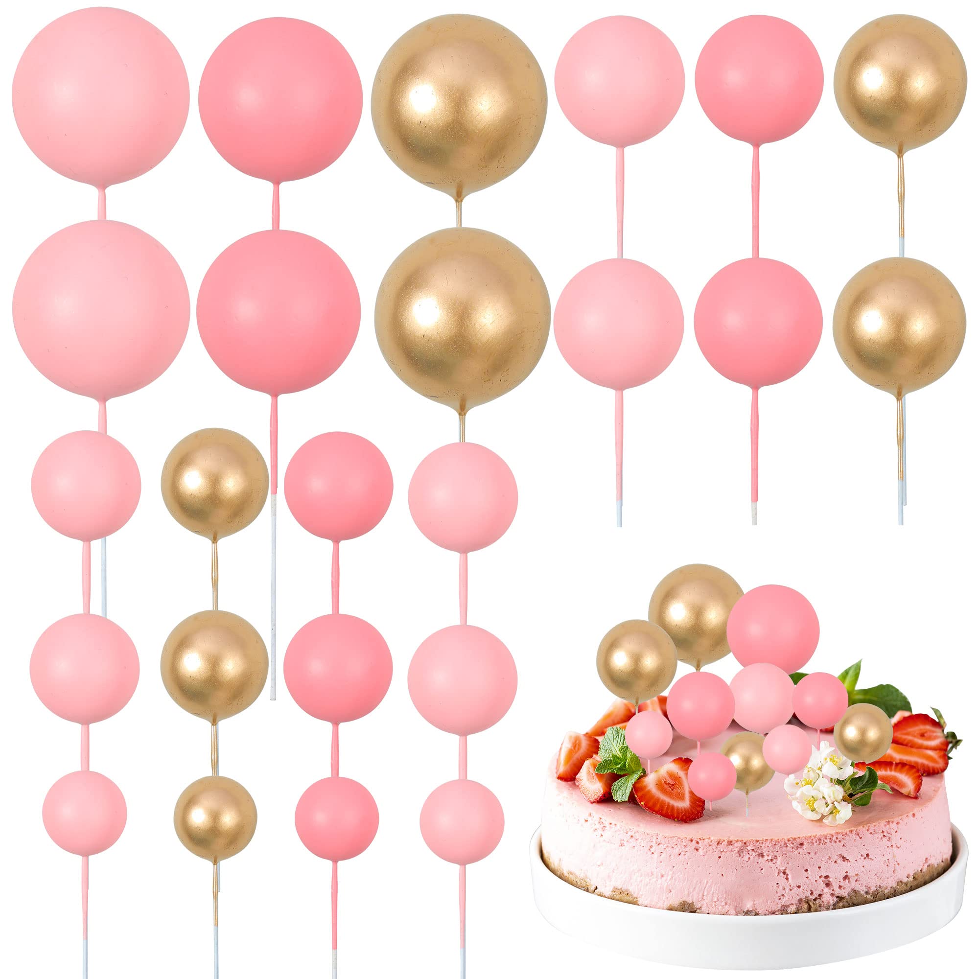 Gyufise 30Pcs Pink Gold Ball Cake Toppers Mini Balloon Cupcake Toppers DIY Foam Ball Cake Insert Decoration for Wedding Anniversary Birthday Party Supplies Decorations