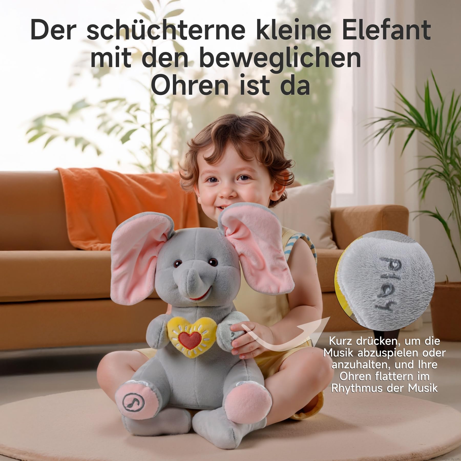 Singender Elefant Kuscheltier spielt Guck, Schlummer Kuscheltier mit Flatterohren für Kinder