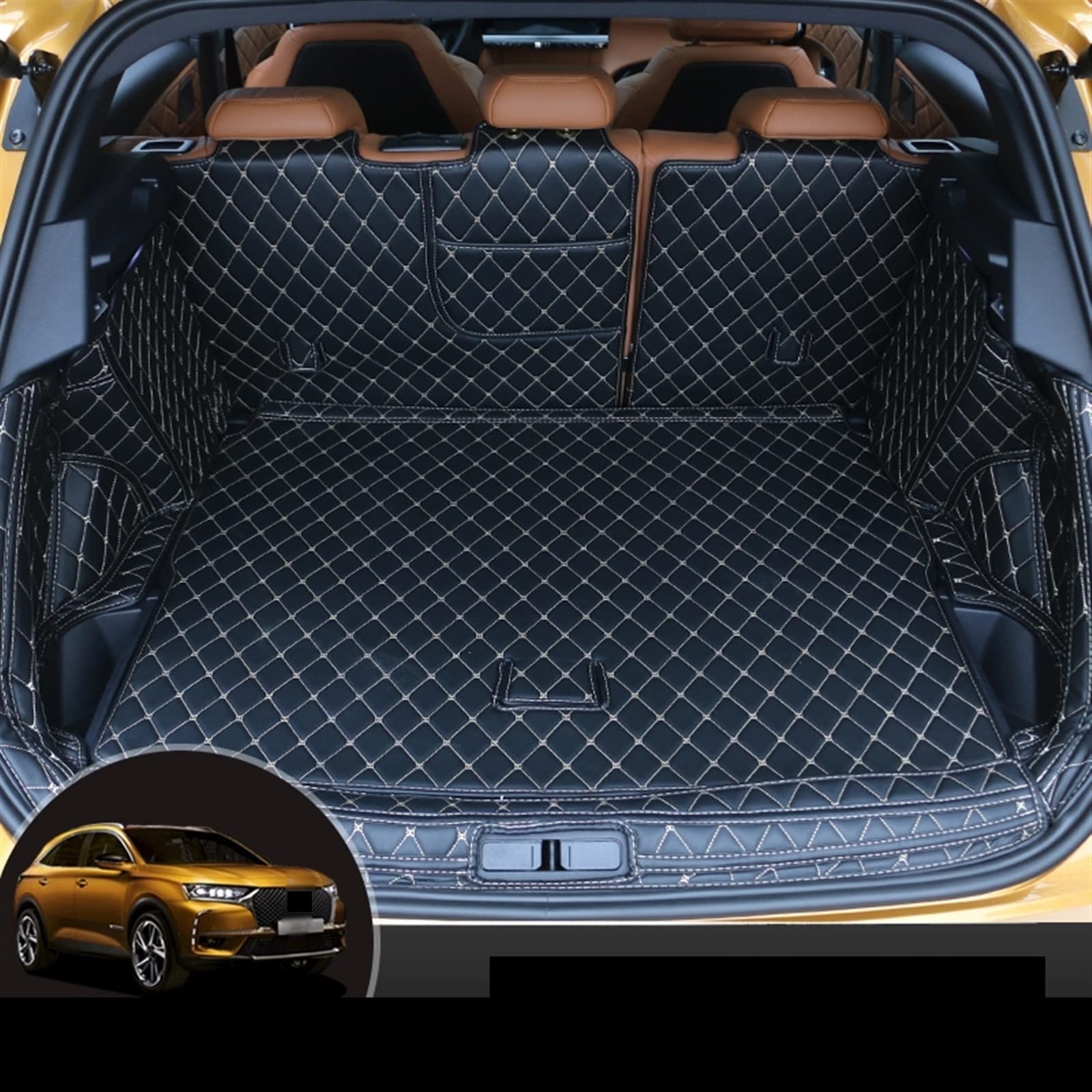Tappetino Per Bagagliaio Citroën DS7 2018-2020 - In Pelle Sintetica, Antiscivolo, Impermeabile, Nero Con Design A Griglia, Protezione Completa Per Il Bagagliaio