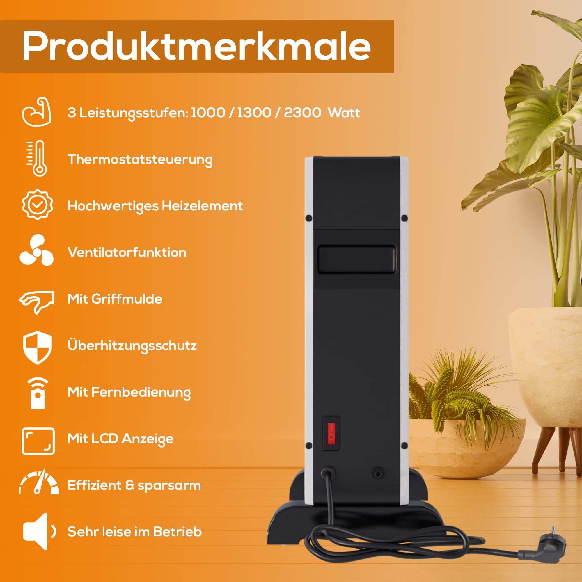 Tronitechnik® Elektroheizer Konvektor-Heizung mit 3 Heizstufen 1000/1300/2300 Watt, Elektroheizung mobi, Heizkörper mit Griffmulde, Timer, Thermostatsteuerung, Standheizung energiesparend