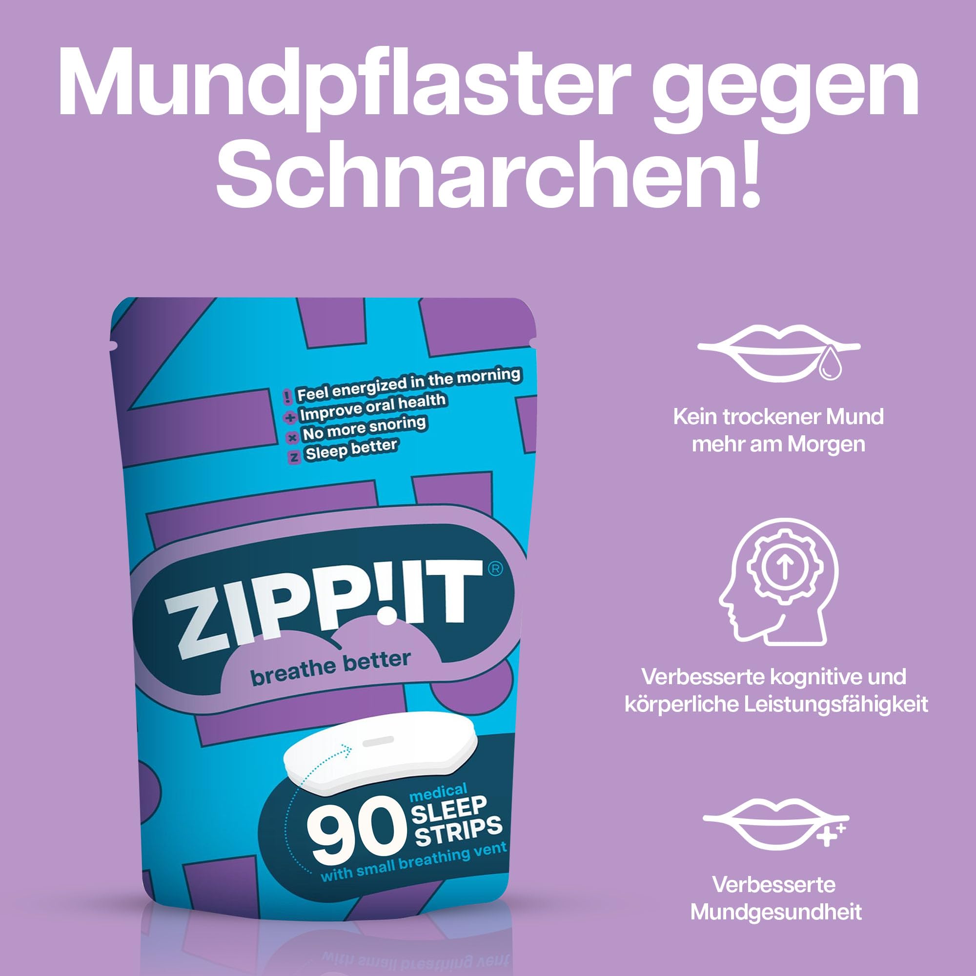 Zippit Mundpflaster Schlafen, Hautfreundliche Mouth Strips, 360 Stück | Optimierte Passform für angenehmes Tragen; sanfte Mundabdeckung beim Schlafen