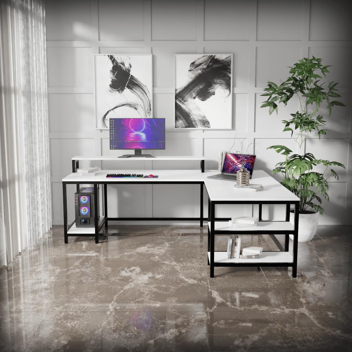 Riyan Luxiwood® Archice Study Table, L - Shape Office, Living Room, Gaming Table, Work from Home, Computer and Laptop Tables (Color - White, Size - Large)