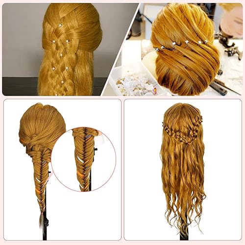 Miniatura 5 de Cabeza de maniquí con 70% cabello humano, cabeza de entrenamiento de cabello humano real marrón claro de 26 pulgadas, cabeza de cosmetología de