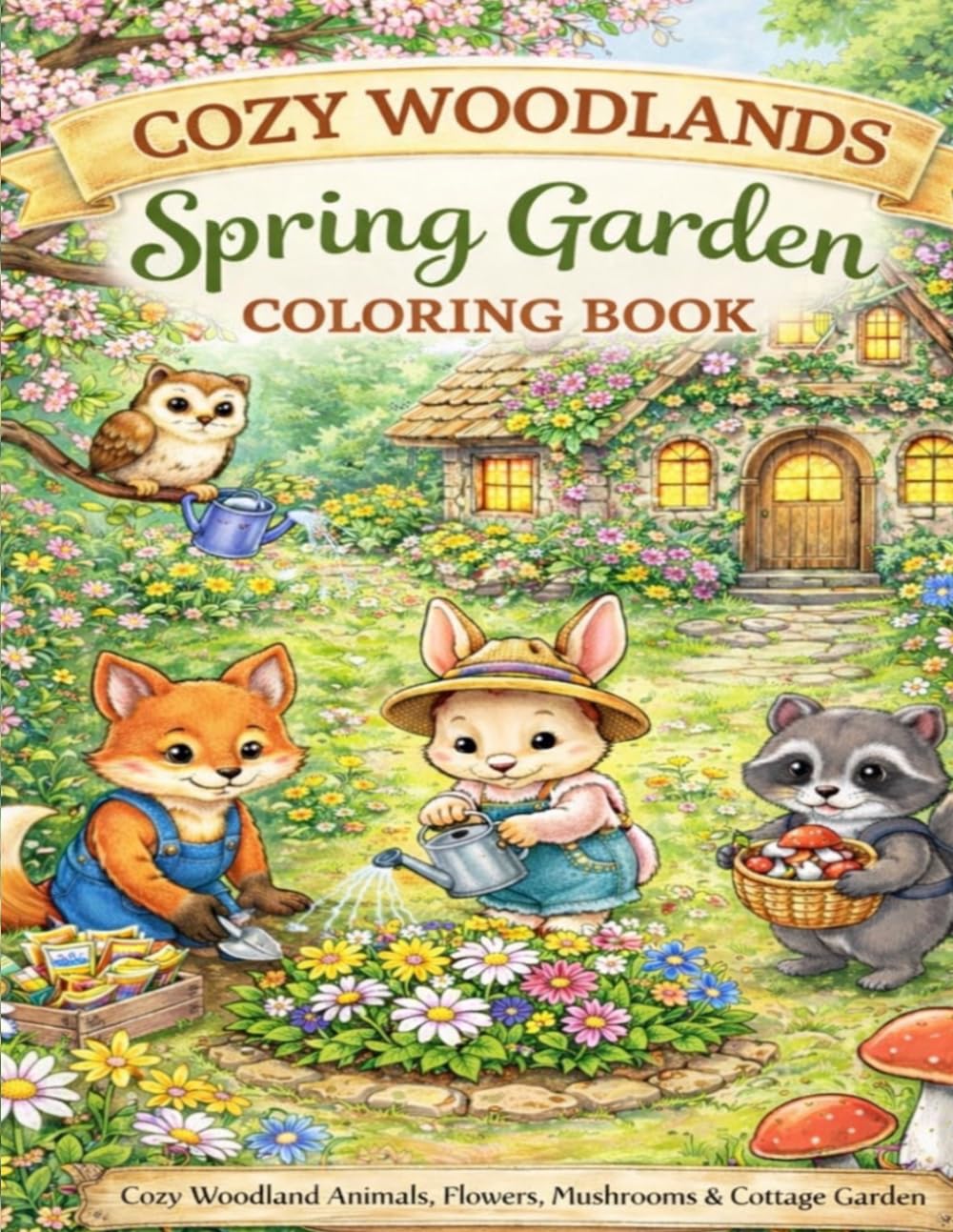Cozy Woodlands Spring Garden Coloring Book: Cute Woodland Animals, Flowers, Mushrooms & Cozy Cottage Scenes for Relaxation and Stress Relief