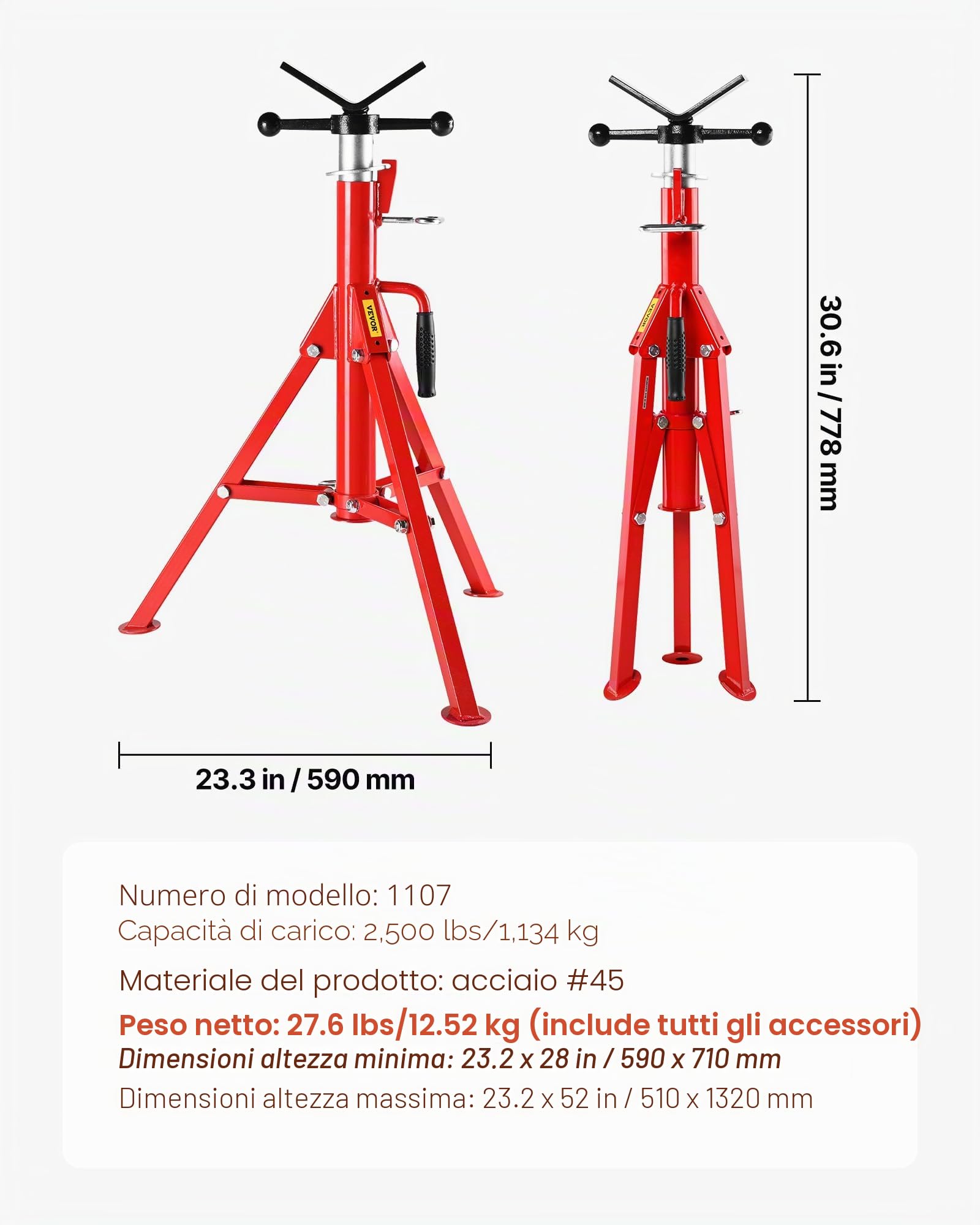 VEVOR Supporto per tubo da 4500 libbre Supporto per tubo con testa a V per sostenere il tubo durante la filettatura altezza regolabile fino a 52 pollici/132 cm