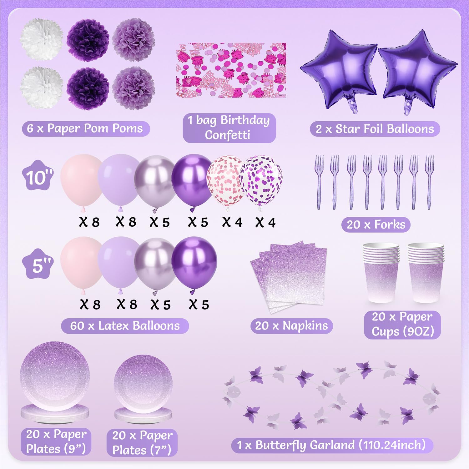 Purple Happy Birthday Party Decorations for Women and Girls 20 Guest Tableware Plates Napkins Forks Bday Sash and Crown Balloons Banner Fringe Curtain Pom Poms Tablecloth Purple Bday Decor Set