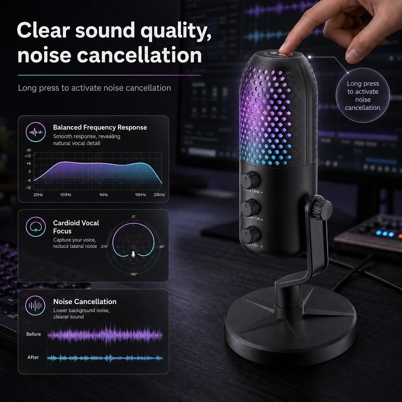 SINWE Micrófono para juegos con cancelación de ruido y control de ganancia, micrófono USB para PC, para streaming, juegos, podcasts, PC, PS4, incluye silencio rápido e iluminación RGB
