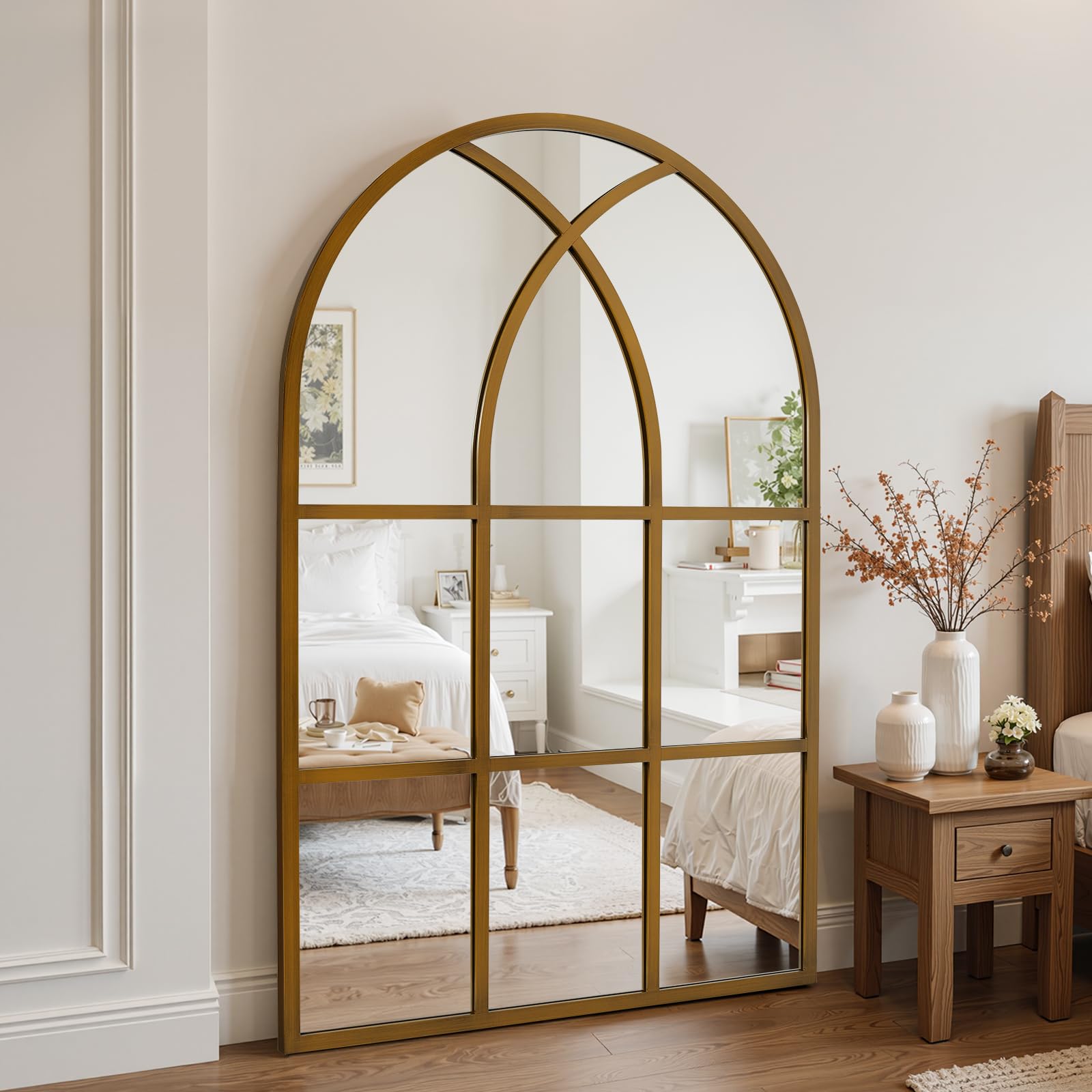 Reflix Specchio ad arco per finestra, 75 x 120 cm, specchio da parete per decorazione giardino all'aperto, specchio ad arco gotico invecchiato con cornice in alluminio per corridoio, soggiorno, camera
