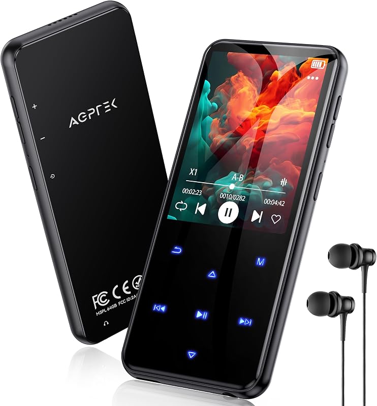 MP3 player pentru copii AGPTEK 64GB, Bluetooth 5.3, ecran color 2.4 inch, difuzor, butoane tactile, radio FM, înregistrare, e-book, extensibil până la 128GB, negru