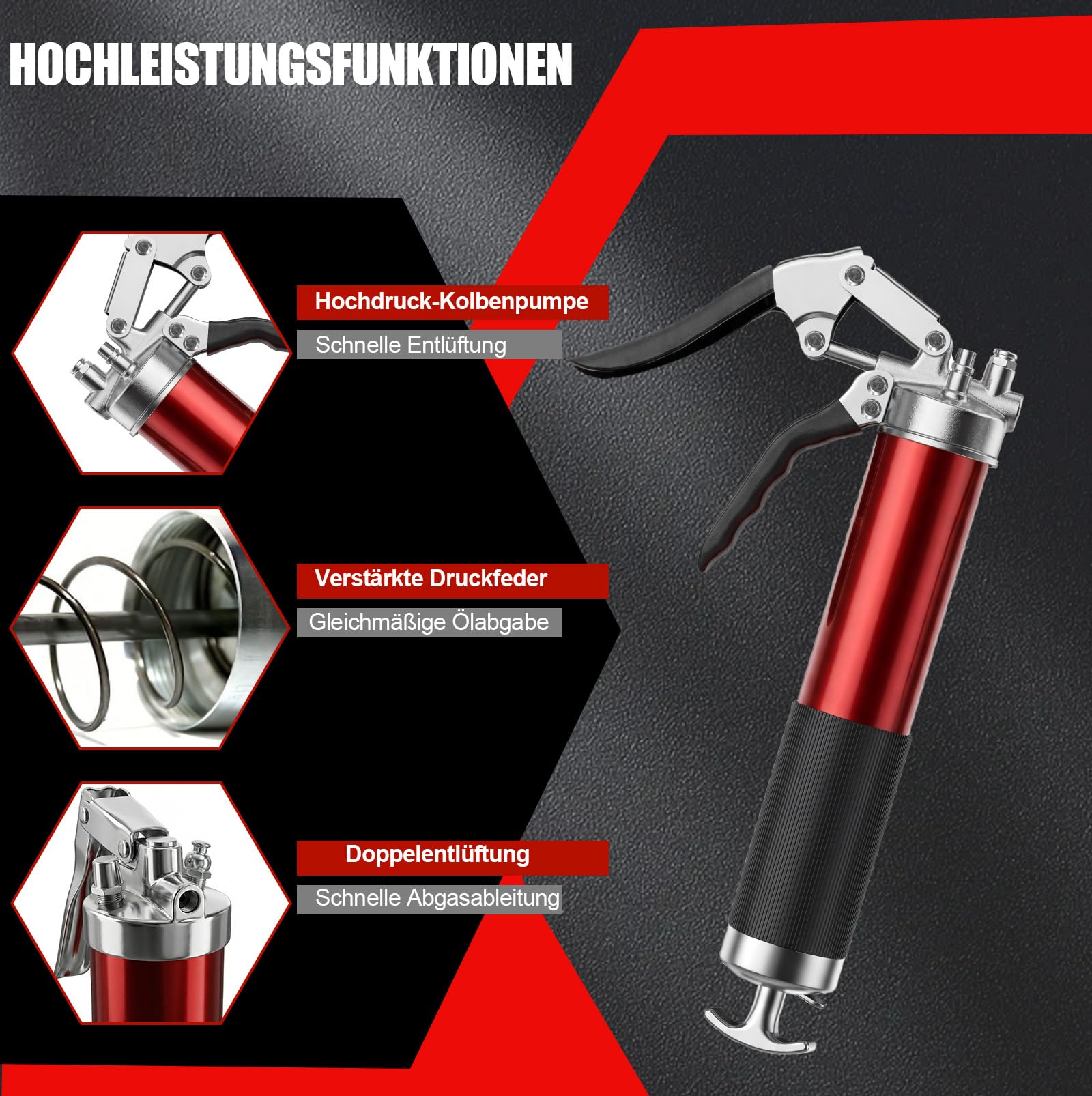 Fettpresse 8000 PSI für 400g Kartusche, Einhand Hochleistungs-Fettpresse Set mit Schnellkupplung, 18" Flexschlauch, 6" Metall-Verlängerungsrohr und 2 Düsen für Schmiernippel