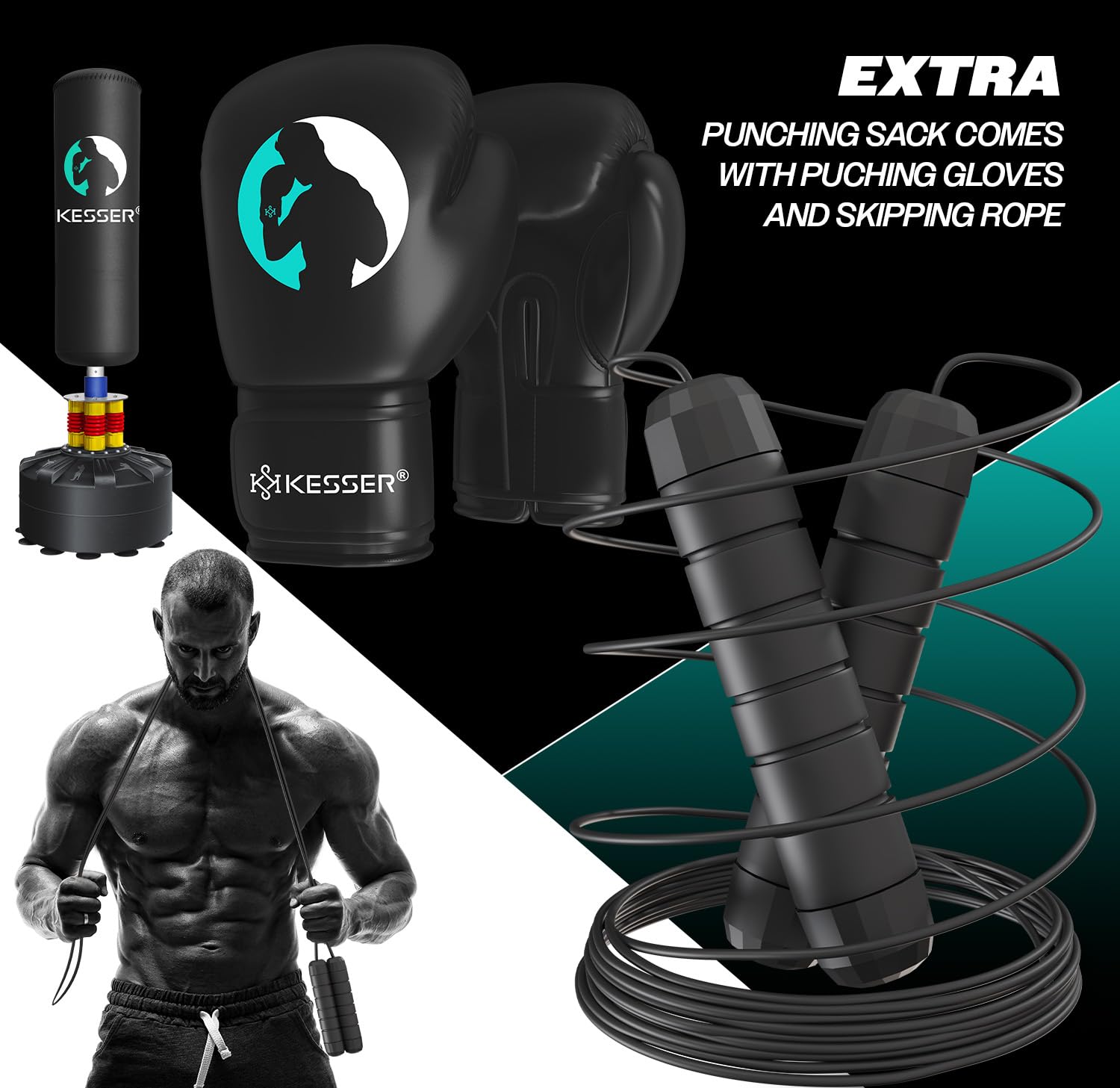 KESSER® Boxsack Set stehend Erwachsene mit Boxhandschuhe + Springseil, Kickboxsack, Freistehender Standboxsack MMA Boxpartner Boxing Trainer Fitness Boxsack mit Saugfuß