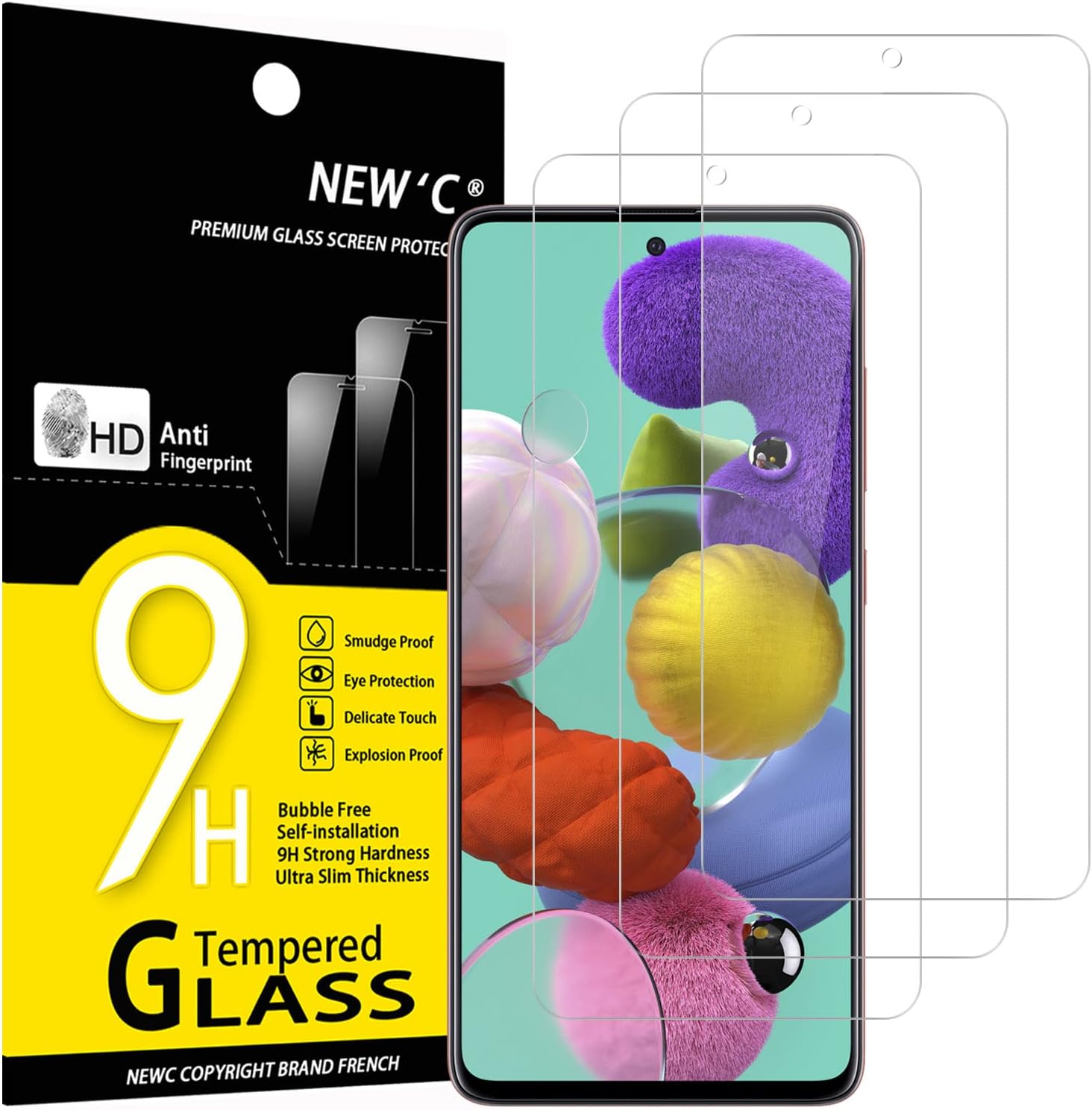 NEW'C 3 Pack Designed for Samsung Galaxy A51 Screen Protector Tempered Glass, Case Friendly Anti Scratch Bubble Free Ultra Resistant