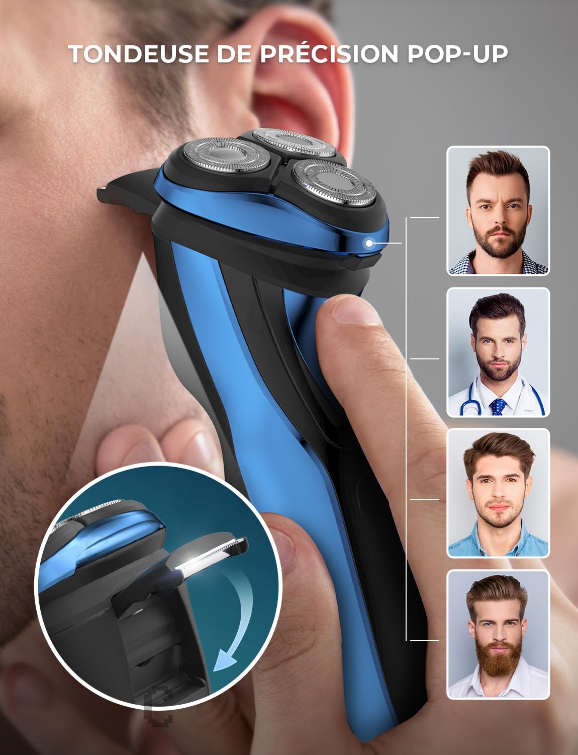 Rasoir Électrique pour Homme Rasoir à Têtes Rotatives avec Tondeuse Barbe de Précision IPX7 Rasoir à Sec et Humide avec Verrouillage de Voyage RS8336 Bleu Shaver Portable