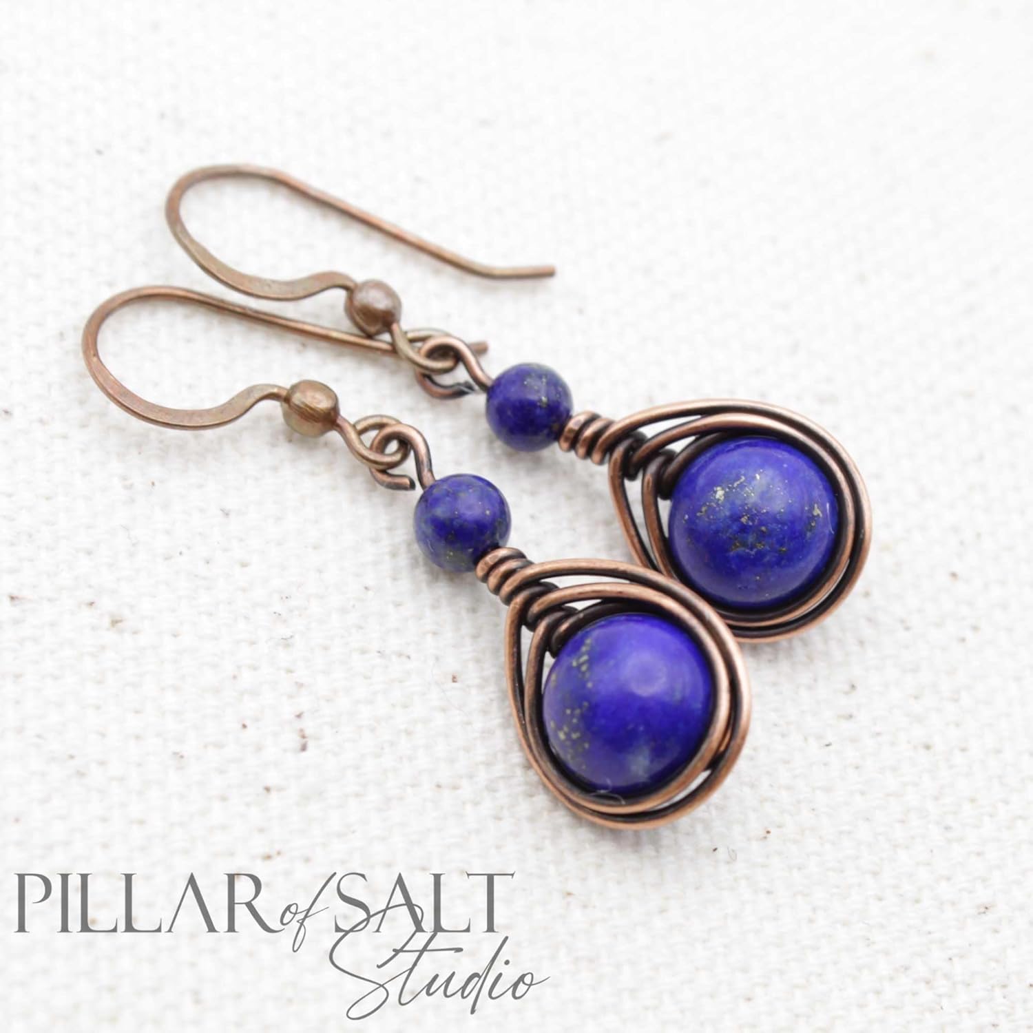 Pillar of Salt Studio Handcrafted Solid Copper Earrings with Lapis Lazuli Gemstone (Antiqued Copper, 1" drop)