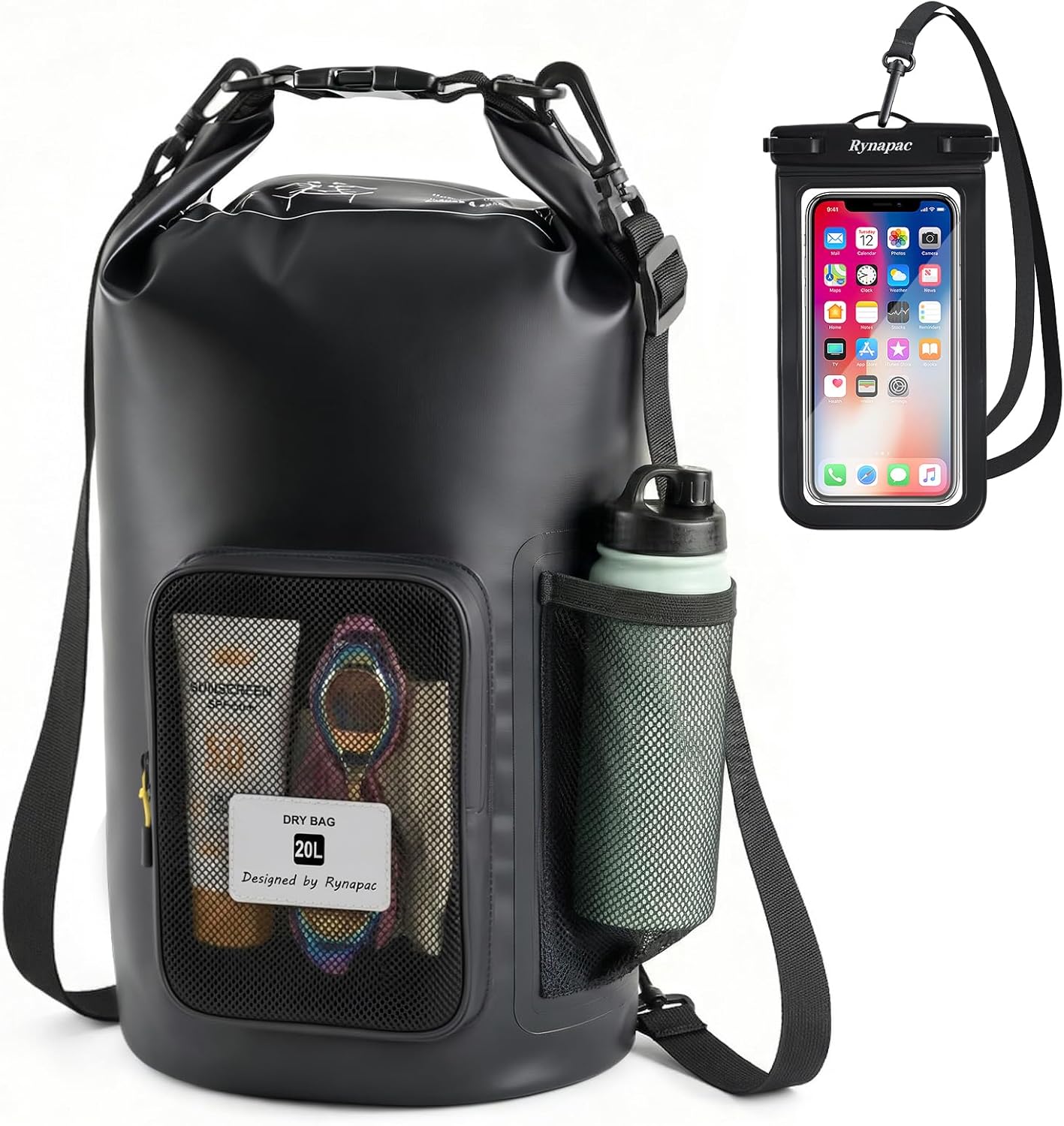 20L Waterproof Dry Bag with Bottle Holder & Mesh Pocket, 500D PVC Tarpaulin Roll Top Dry Sack with Inner Waterproof Adsorption Film, Large Dry Storage Bag for Kayaking, Camping, Beach, Boating