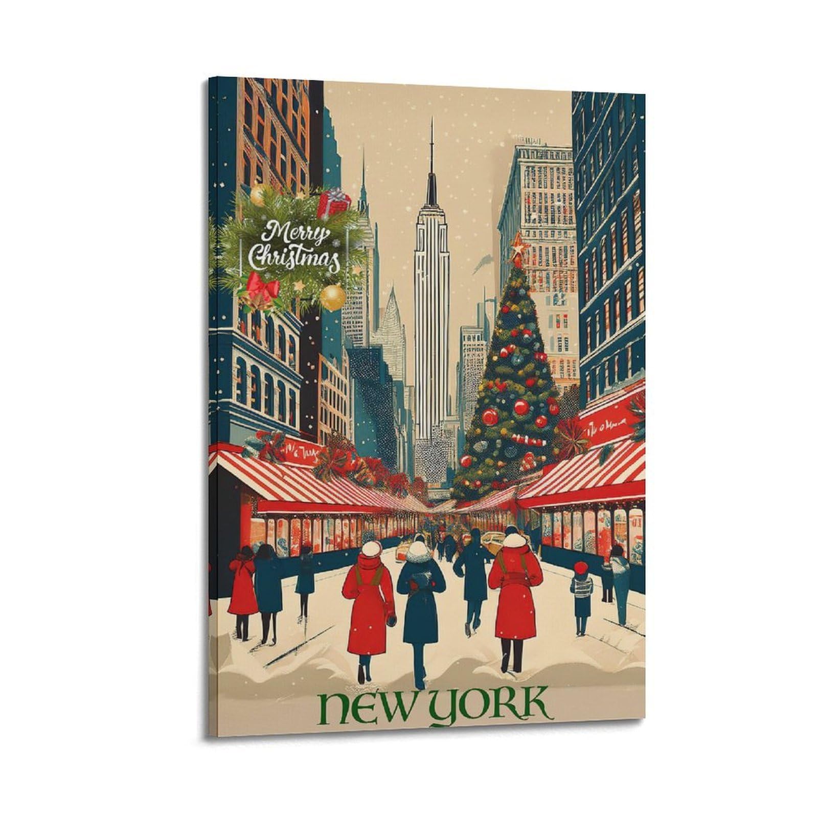 CWLLOG Stampa artistica da parete su tela, poster natalizio a New York, mercato della neve, festival urbano, decorazione moderna per soggiorno e camera da letto, 40 x 60 cm