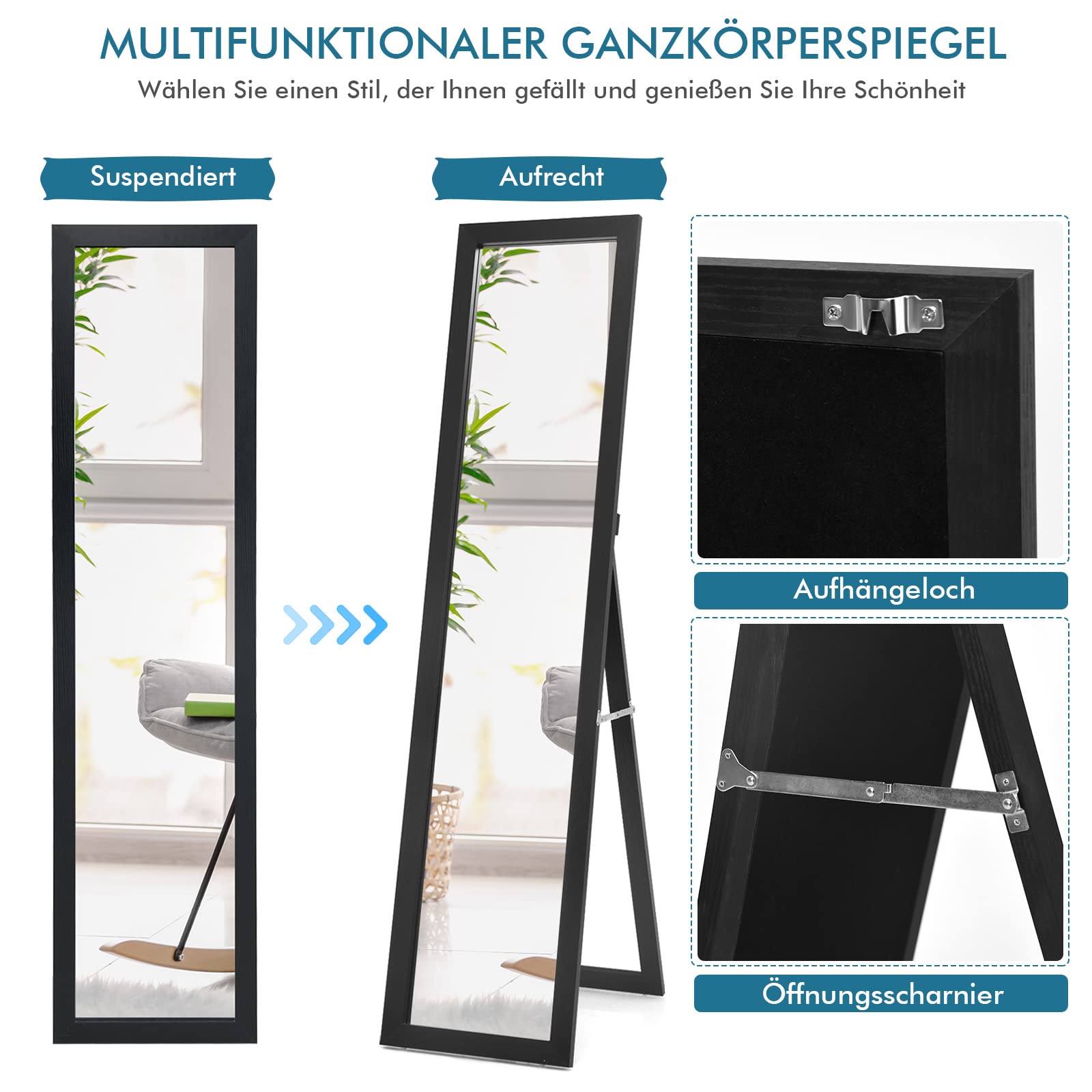 COSTWAY 2 IN 1 Ganzkörperspiegel, Standspiegel und Wandspiegel mit Holzrahmen, Ankleidespiegel 37 x 155cm, Garderobenspiegel für Schlafzimmer, Wohnzimmer und Eingangsbereich (Schwarz)