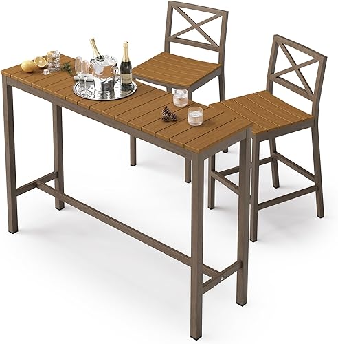 Miniatura 11 de Juego de mesa y sillas de altura de barra para exteriores, 3 piezas con parte superior negra y patas de bronce para patio, con mesa superior alta