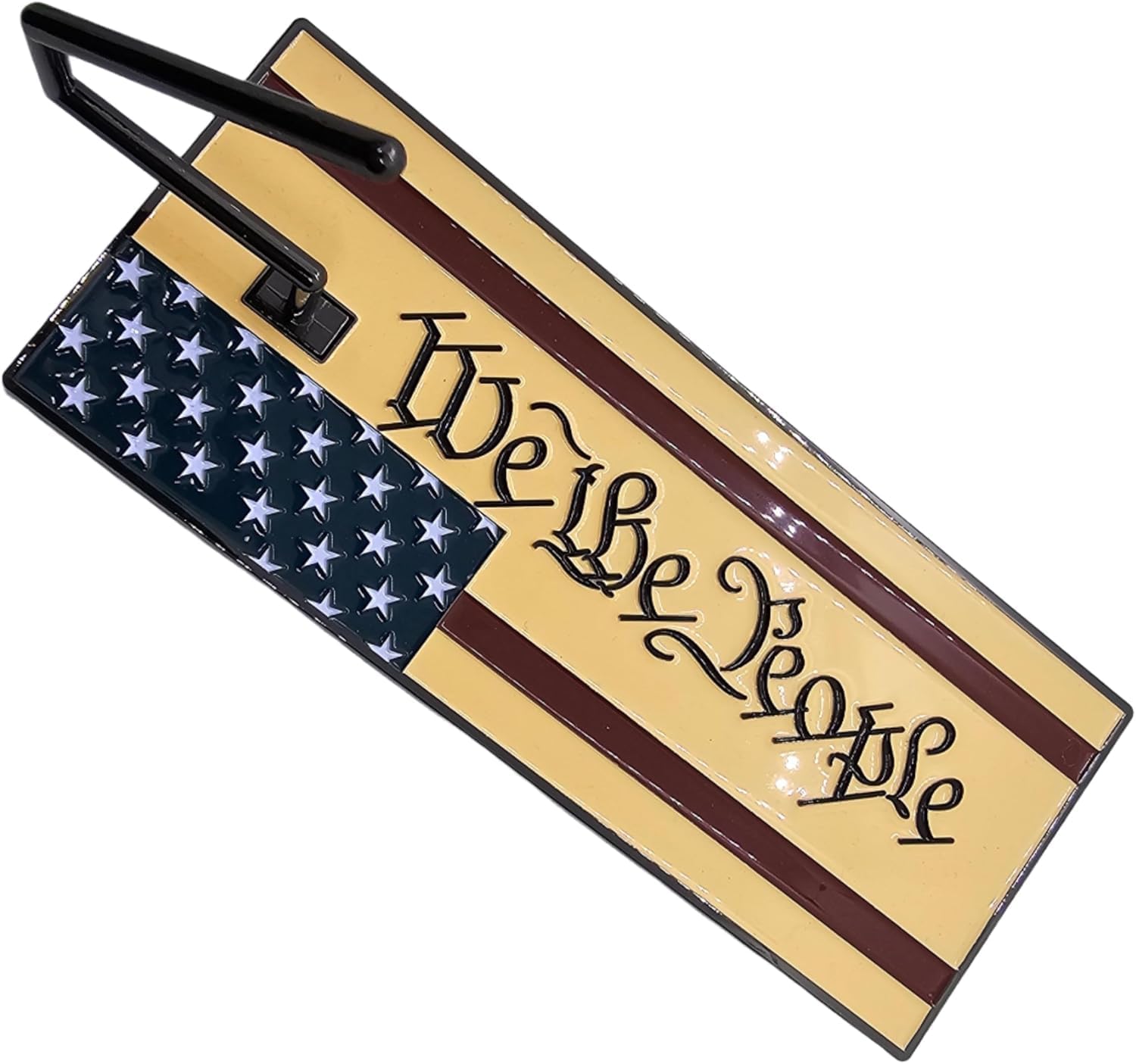 BLACKSPIRAL Metal Display Stand for Handgun, American Flag “We The People” Design, Desktop Pistol Holder, Durable Steel Construction, Compact Showcase Stand for Home, Office or Collection Display