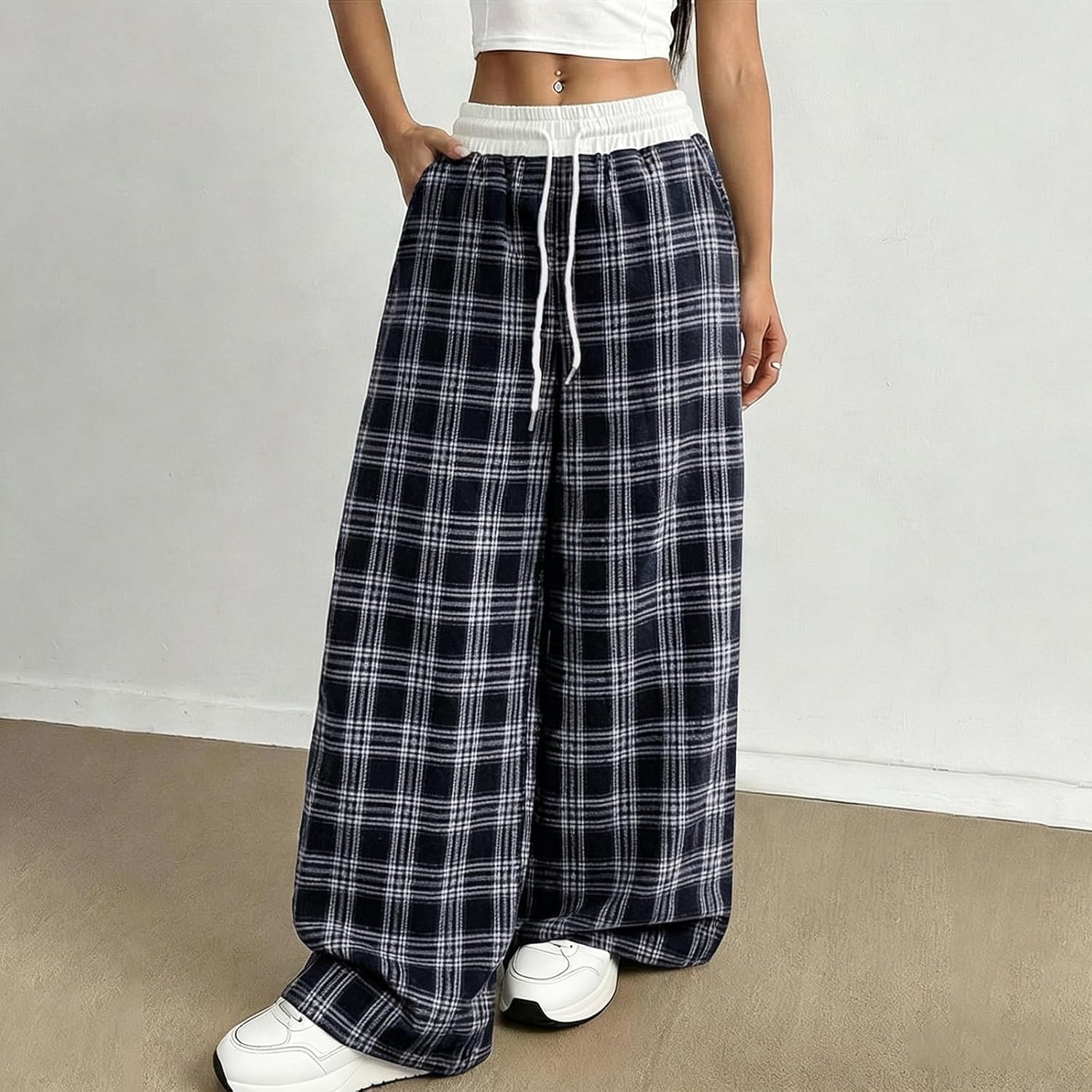 Gingham Pants Women Plus Size Wide Leg Elastic Waist Striped Palazzo Trousers Lounge Plaid Sweat Pant with Pockets