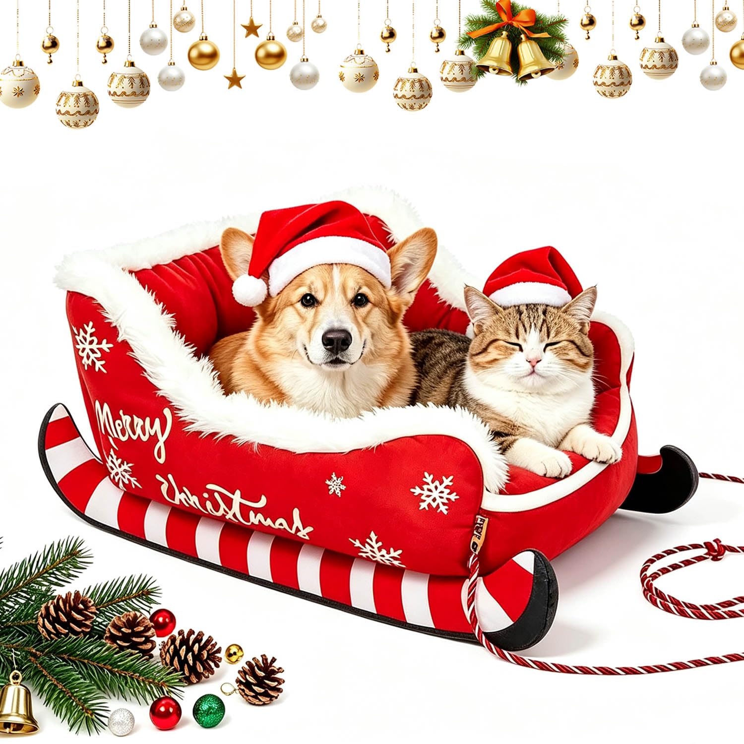 2026 New Christmas Sleigh Dog Bed, Plush Cozy Pet Nest (Red,S:50 * 37 * 25)