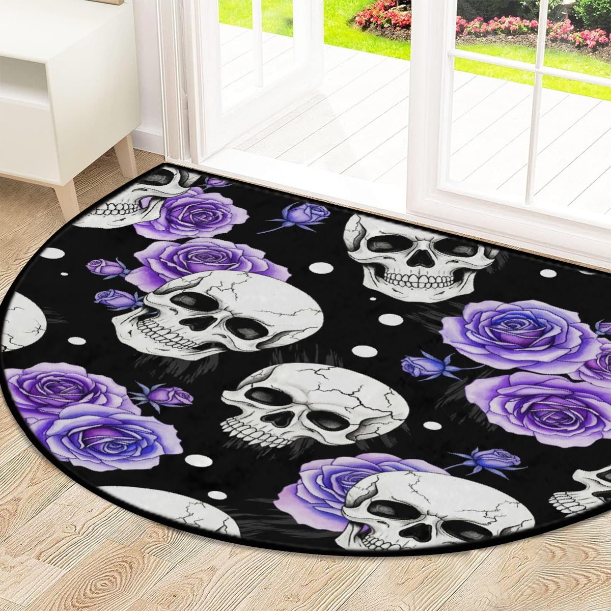 Große halbrunde Fußmatte – Lila Rose Totenkopf saugfähig rutschfest halbrund Eingangsbereich Teppich – niedlicher, weicher, halbrund waschbarer Teppich für Küche, Badezimmer, Schlafzimmer, 160
